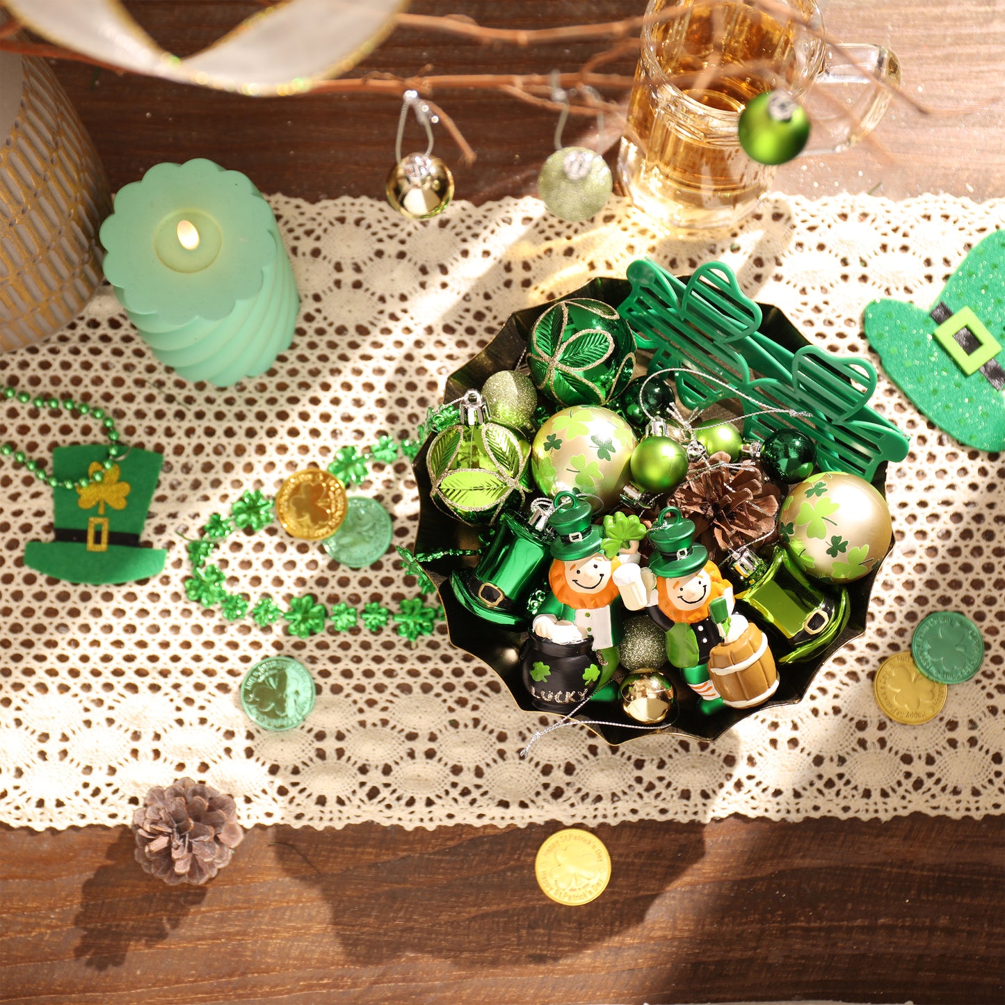 Valery Madelyn St Patricks Day Decorations Shamrock Tree Ornament Set, 35pcs Hanging Ball Ornament Irish Festival Decor, Good Luck Clover Green Gold Chirstmas Tree Decorations