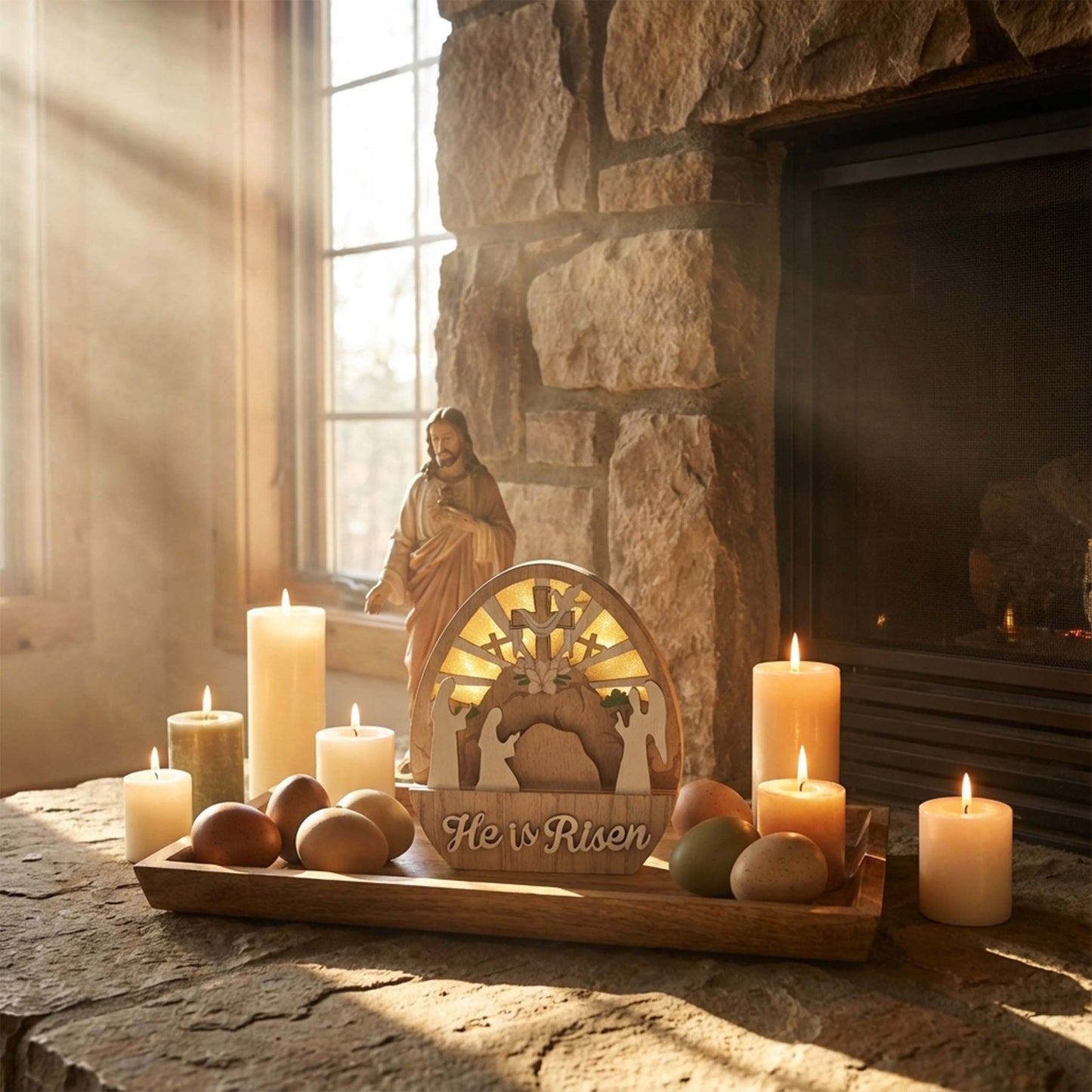 Valery Madelyn Easter Decorations, Empty Tomb Scene and Cross Decoration with LED Light, Wooden Christian Easter Decor Resurrection Scene for Home Livingroom Bedroom Office Table Shelf, 6.3 inch