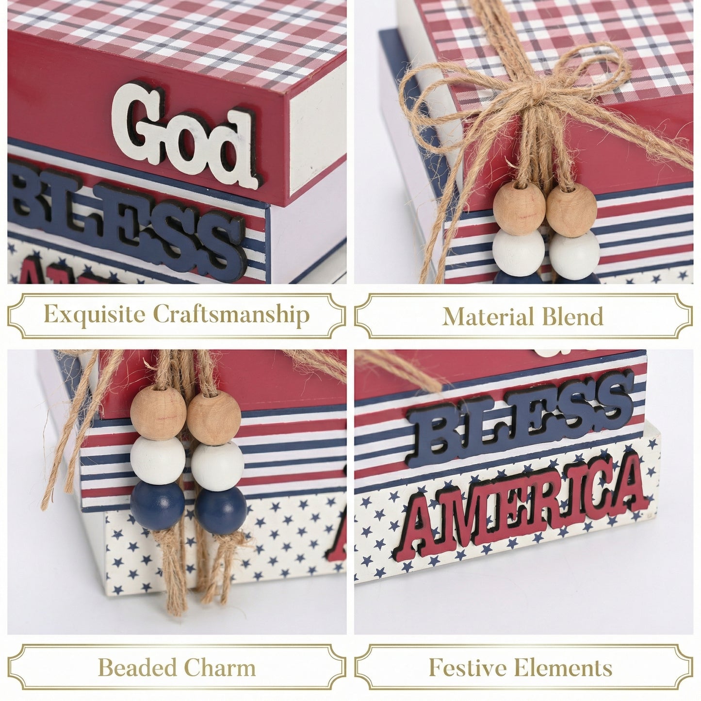 Valery Madelyn Memorial Day Decorations, 4th of July Table Decorations, Patriotic Wooden Book Decor for Home Office, Red White and Blue Book Stack for Table Tiered Tray Shelf, 7 inch