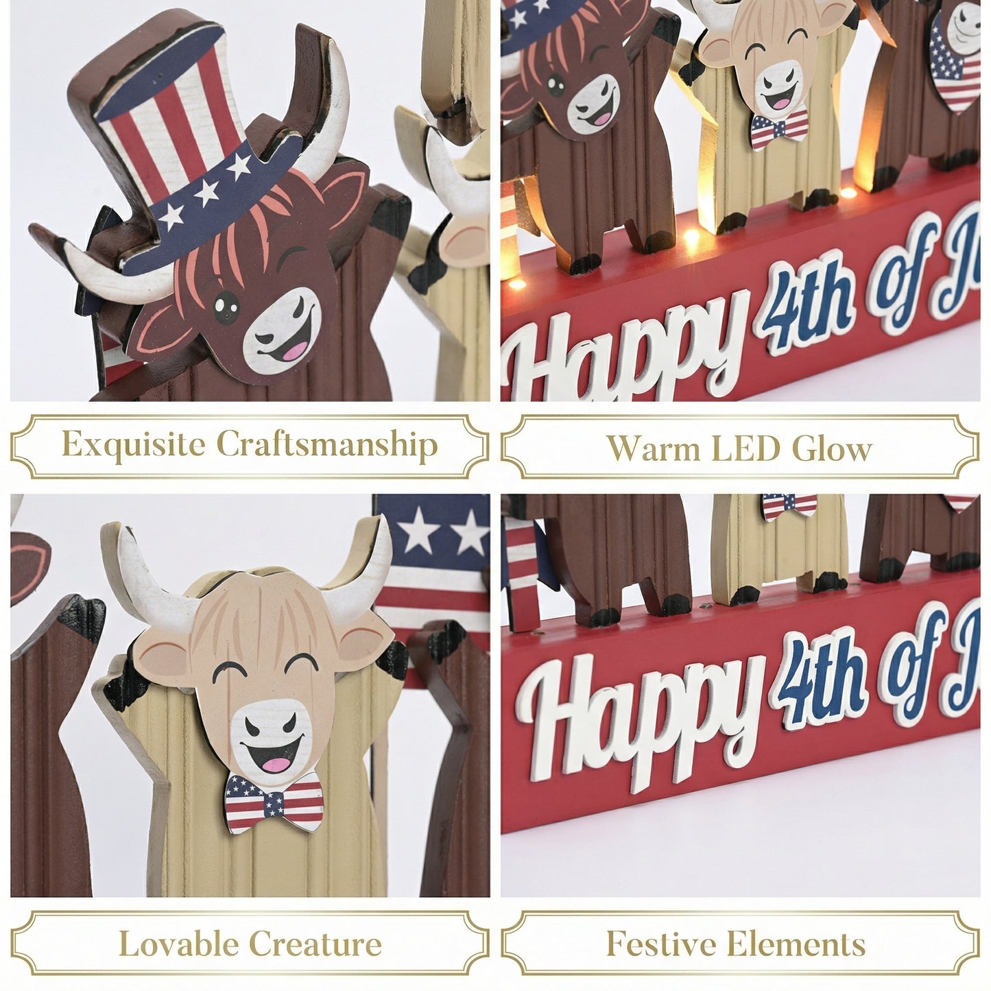 Valery Madelyn 4th of July Decorations with LED Light, Lighted Patriotic Highland Cow Decor, Wooden Americana Sign for Memorial Day Independence Day Labor Veteran Day Indoor, 8 inch