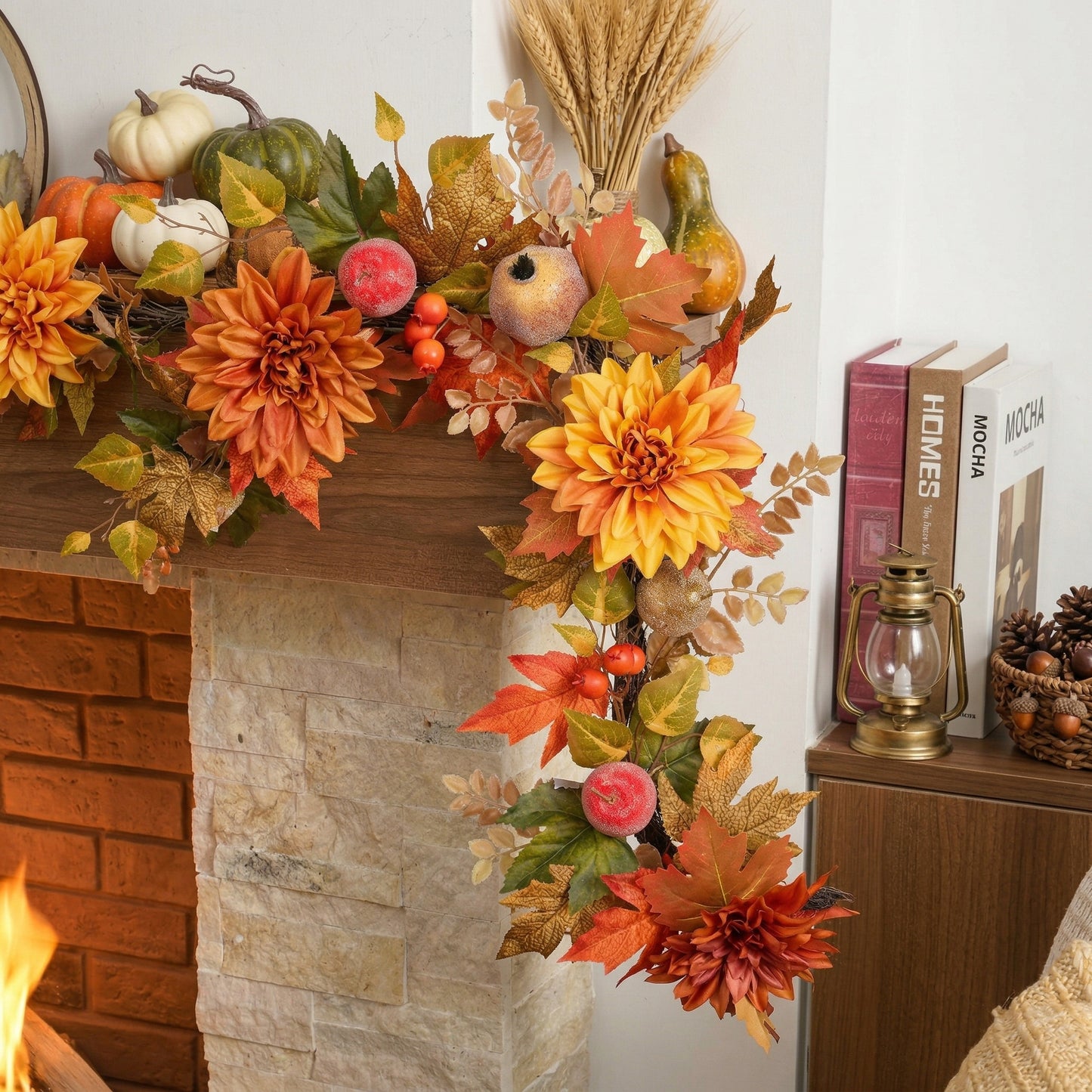 Valery Madelyn 6 Feet Artificial Pomegranate Fruits Garlands for Mantle,Fake Silk Dahlia Rose Autumn Garland with LED Lights for Fall Decor,Harvest Decorations for Home Fireplace Thanksgiving Decor