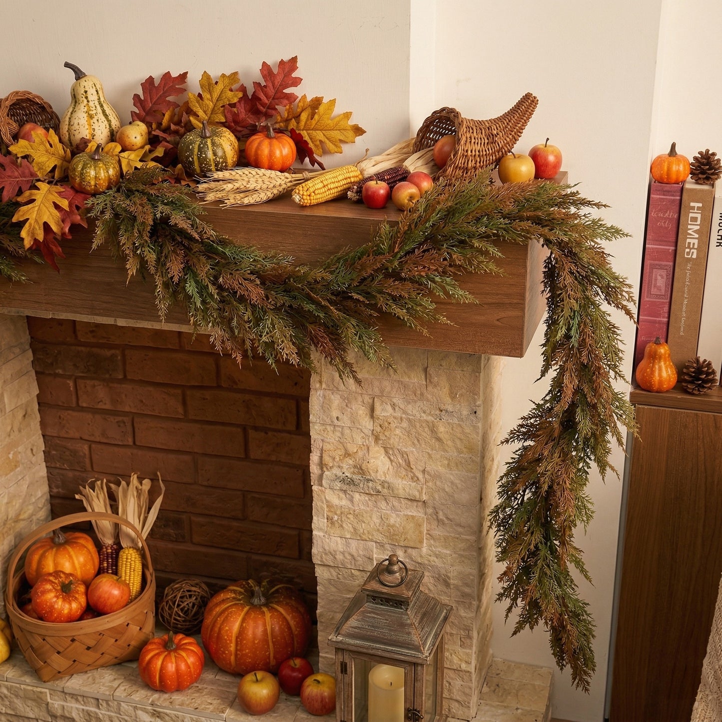 Valery Madelyn 6 Ft Artificial Norfolk Pine Garland for Mantle, Real Tough Fall Cedar Garland with Light, Lighted Autumn Pine Branches for Home Stairs Fireplace Table Indoor Outdoor Holiday Decor