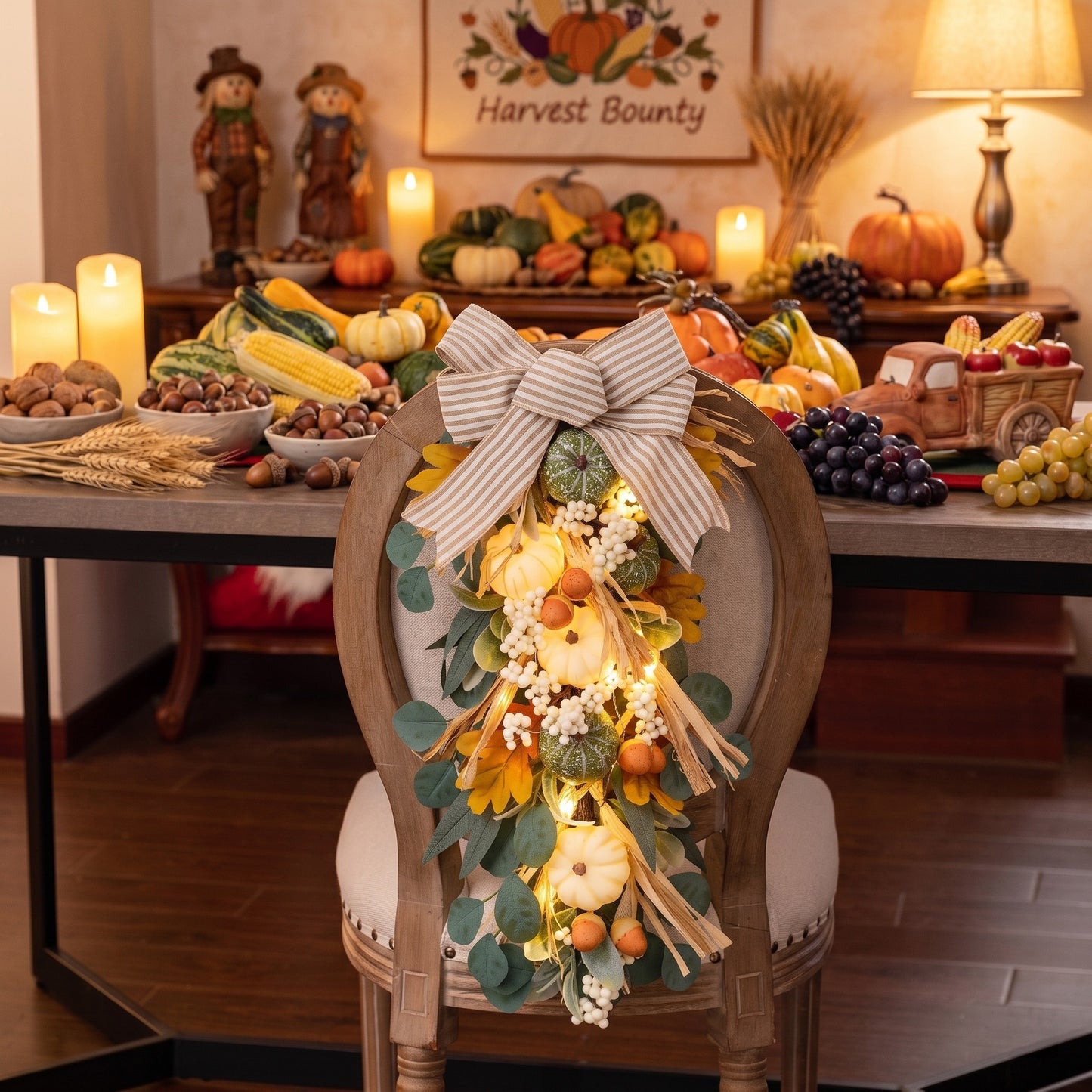 Valery Madelyn 24 inch Fall Pumpkin Teardrop Swag Autumn Harvest Door Hanger with Green & White Mini Pumpkins, Eucalyptus, Raffia, Berries and Striped Bow for Front Door Thanksgiving Table Centerpiece