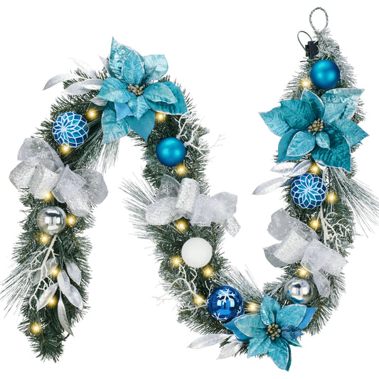 Valery Madelyn 6 ft Pre-Lit Christmas Garland Silver Blue Lighted Garland with Bow & Blue Flower & Colorful Ornament Perfect for Wedding Valentine's Day Party Table Top Decoration