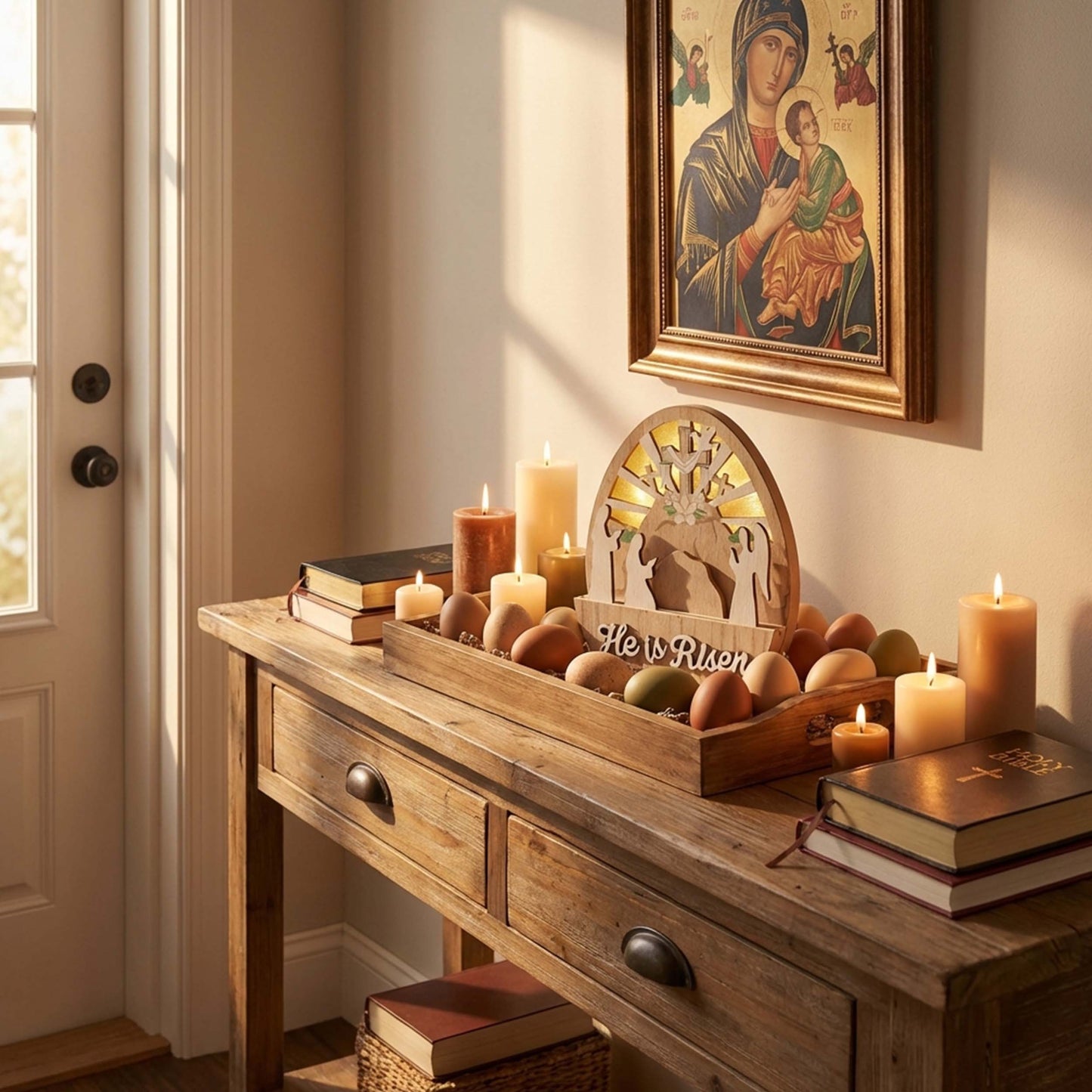 Valery Madelyn Easter Decorations, Empty Tomb Scene and Cross Decoration with LED Light, Wooden Christian Easter Decor Resurrection Scene for Home Livingroom Bedroom Office Table Shelf, 6.3 inch