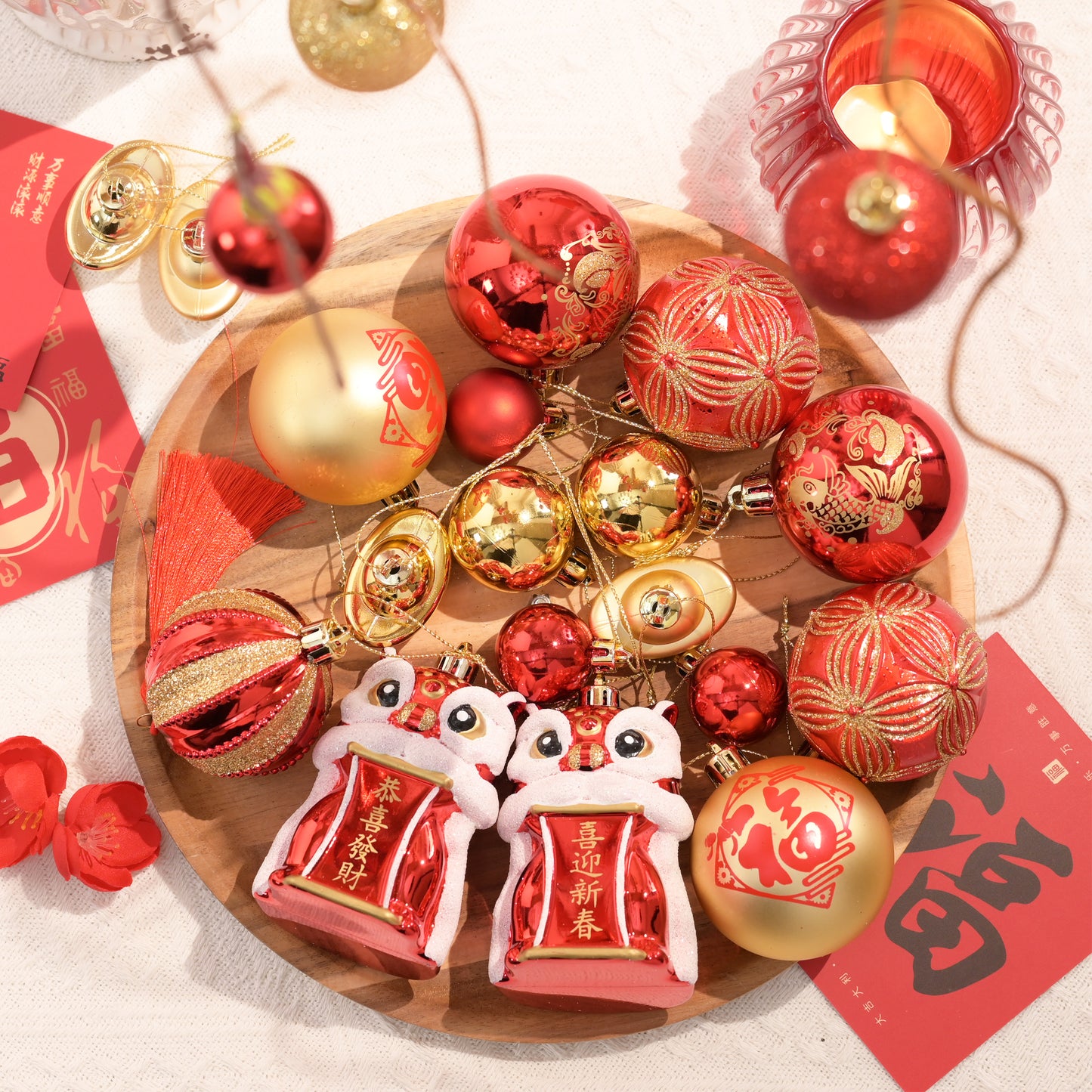 Valery Madelyn Chinese New Year Decorations Hanging Ornaments for Small Tree, 30ct Shatterproof Lion Dance Fu Character Gold Ingot Red Chinese Knots Copper Coin Lunar New Year Balls Bulk