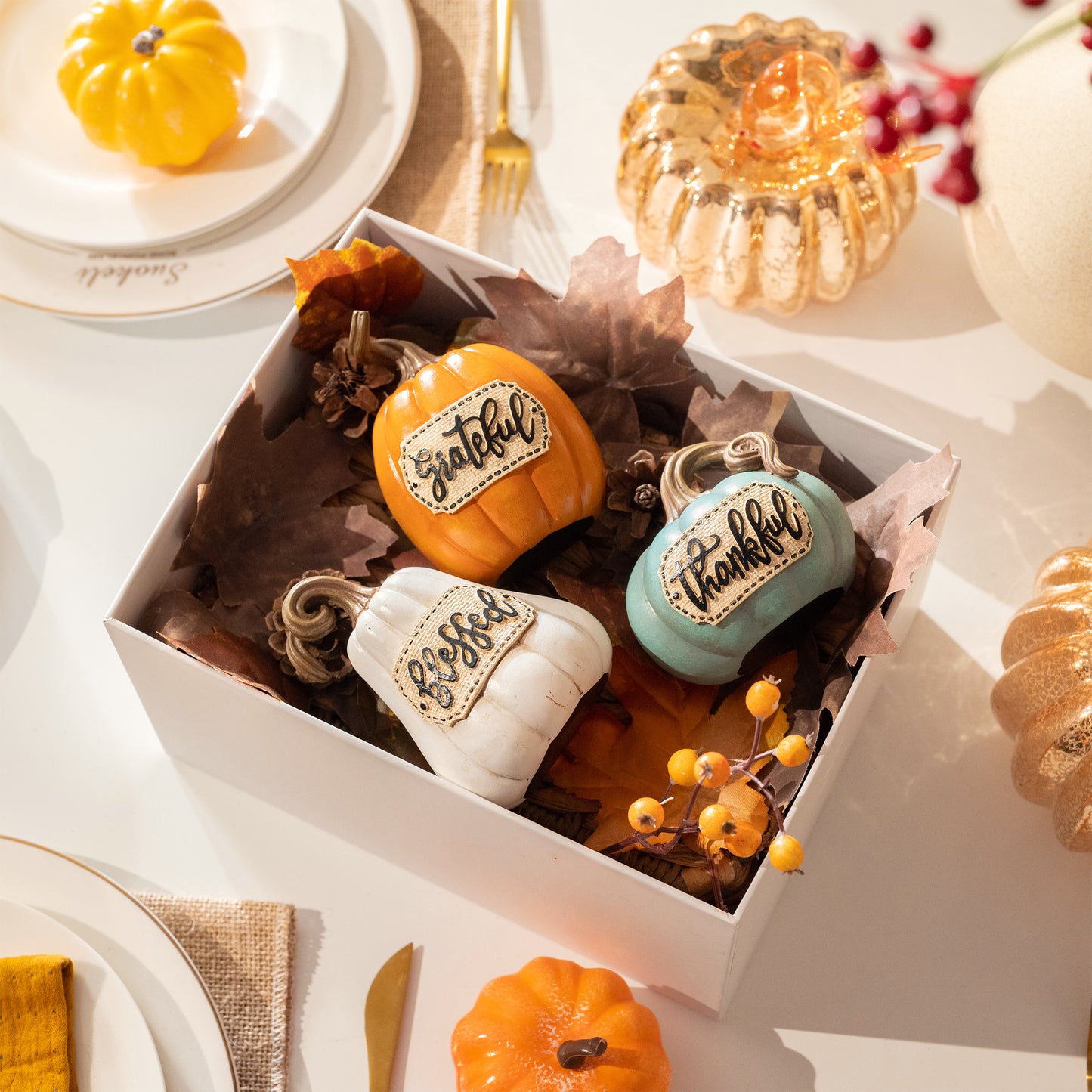 Valery Madelyn 3Pcs 4.7" Resin Thanksgiving Pumpkins, Harvest Tabletop Centerpiece for Dining Room Shelf