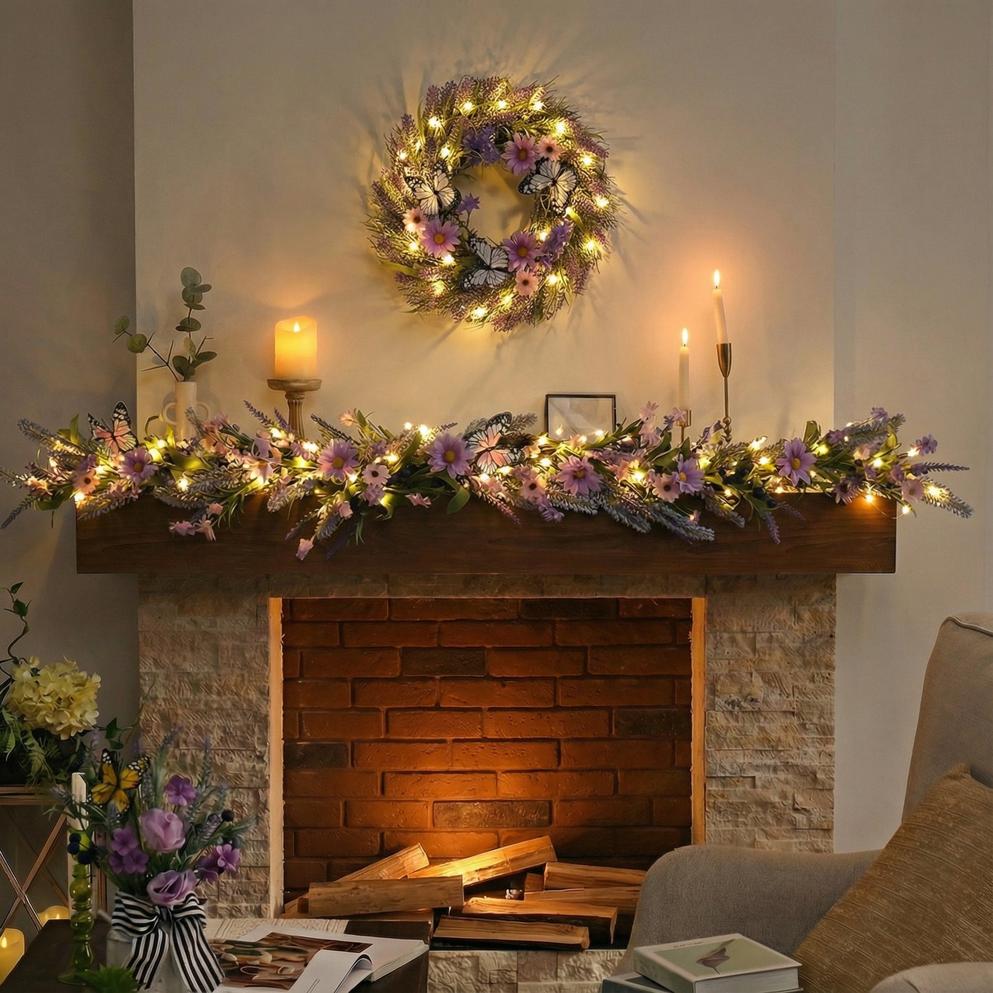 Valery Madelyn Summer Lavender Wreaths for Front Door with Lights, Artificial Spring Floral Wreath with Purple Bellflower Berries Butterfly for Fall Home Porch Window Party Wedding Wall Decor-18''