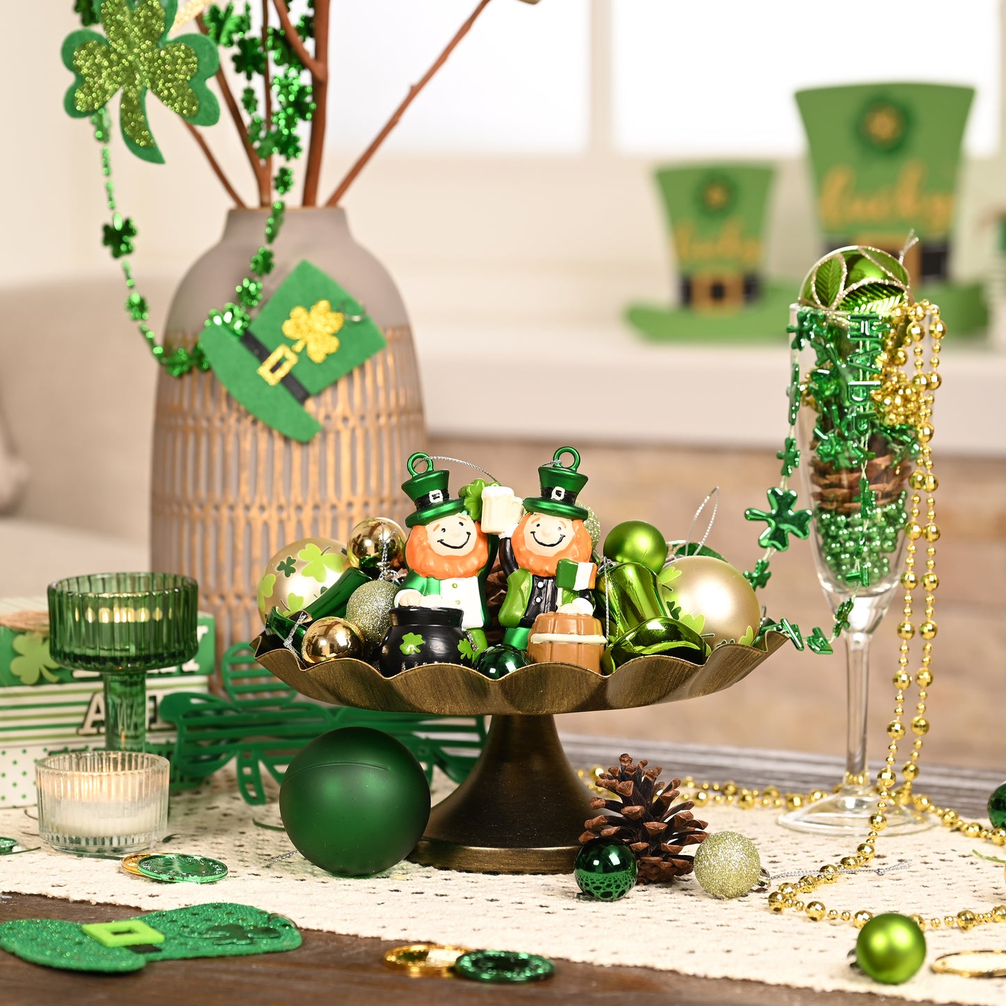 Valery Madelyn St Patricks Day Decorations Shamrock Tree Ornament Set, 35pcs Hanging Ball Ornament Irish Festival Decor, Good Luck Clover Green Gold Chirstmas Tree Decorations