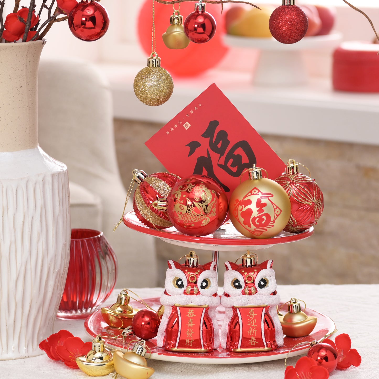 Valery Madelyn Chinese New Year Decorations Hanging Ornaments for Small Tree, 50ct Shatterproof Lion Dance Fu Character Gold Ingot Red Chinese Knots Copper Coin Lunar New Year Balls Bulk