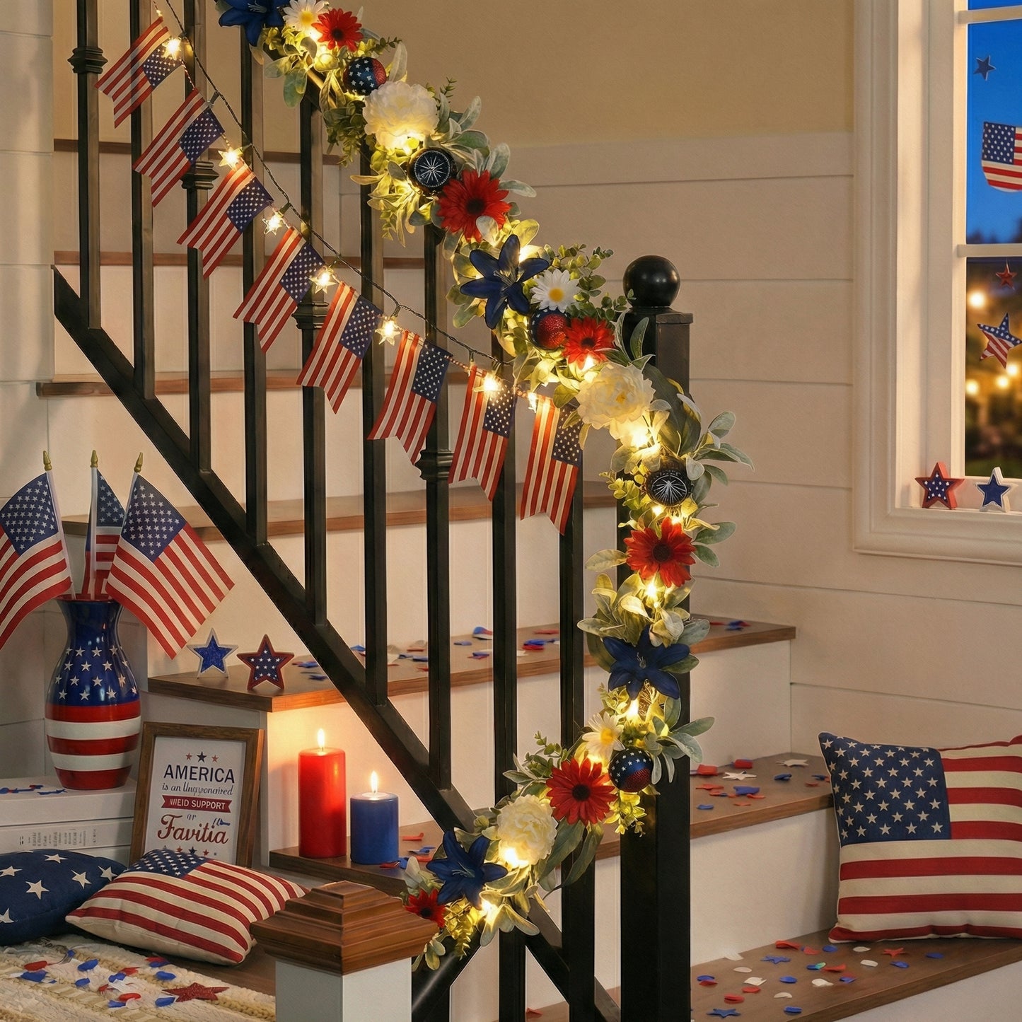 Valery Madelyn 6FT Patriotic Garland with Lights for Mantle, Red White Blue Garland with Ball Ornaments Butterfly for 4th of July Independence Day Decor