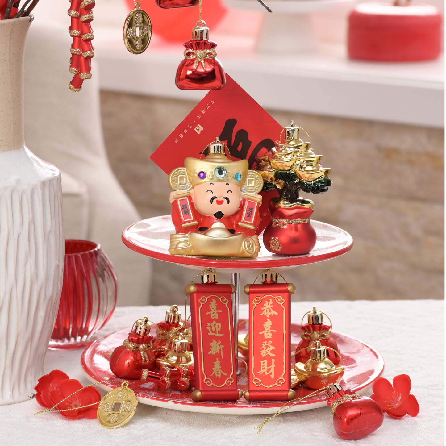 Valery Madelyn Chinese New Year Decorations Hanging Ornaments for Small Tree, 24ct Shatterproof Lion Dance Fu Character Gold Ingot Red Chinese Knots Copper Coin Lunar New Year Balls Bulk