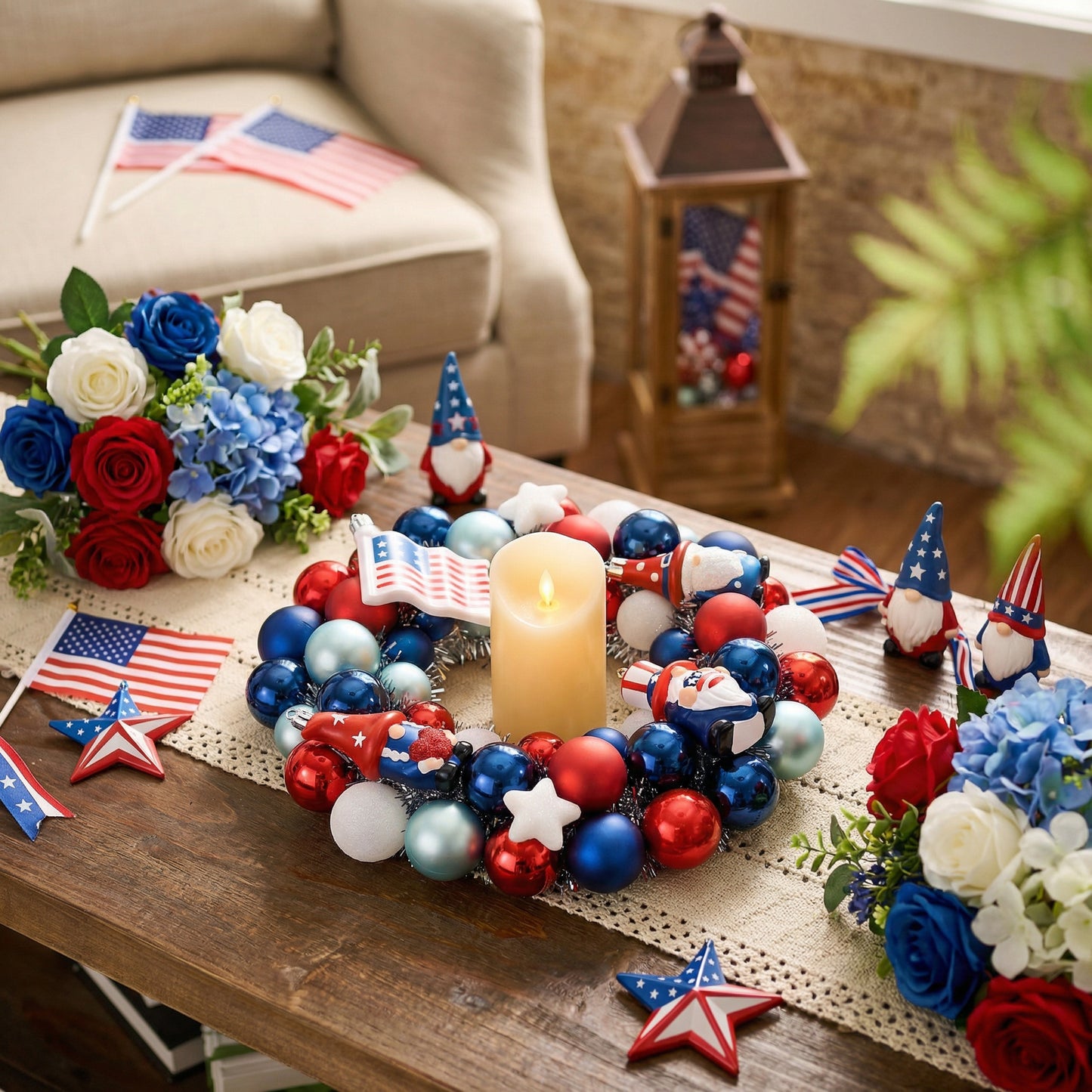 Valery Madelyn 4th of July Ball Wreaths for Front Door,Red White Blue Patriotic Wreath with Lights, American Decorations for Memorial Day,13'
