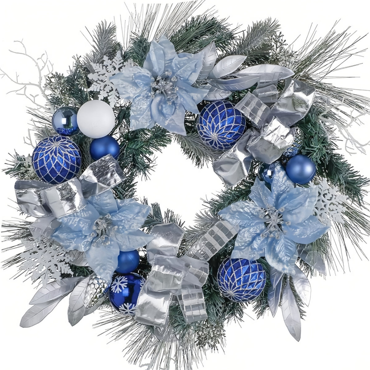 Valery Madelyn 24" Pre-Lit Christmas Wreath for Front Door with Lights Collapsible Outdoor Christmas Wreath with Silvery Blue Xmas Balls Ribbons Artificial Flowers for Home Porch Fireplace Decor