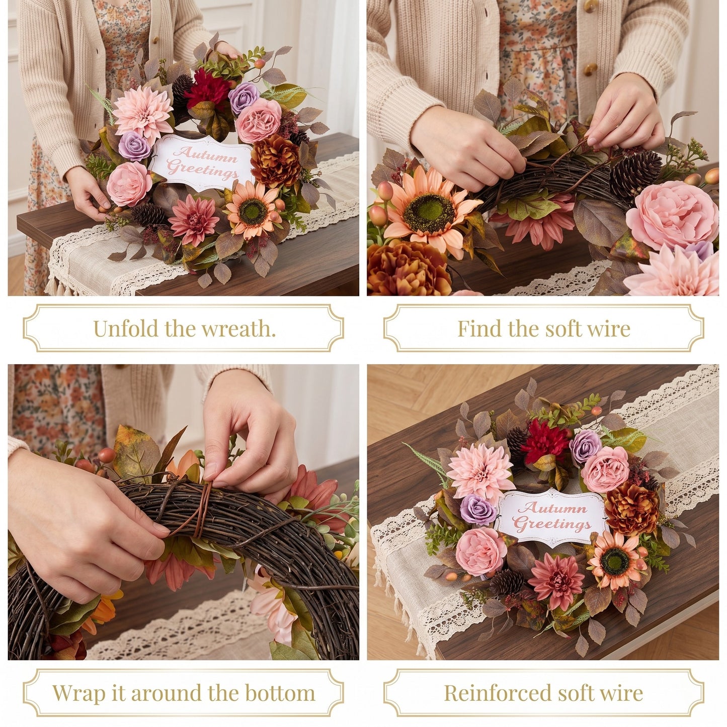 Valery Madelyn 24" Collapsible Fall Wreaths for Front Door with Decorative Plaque,Artificial Dahlia Rose Sunflower Wreath with LED Lights for Autumn Deocr,Harvest Decorations for Home Thanksgiving