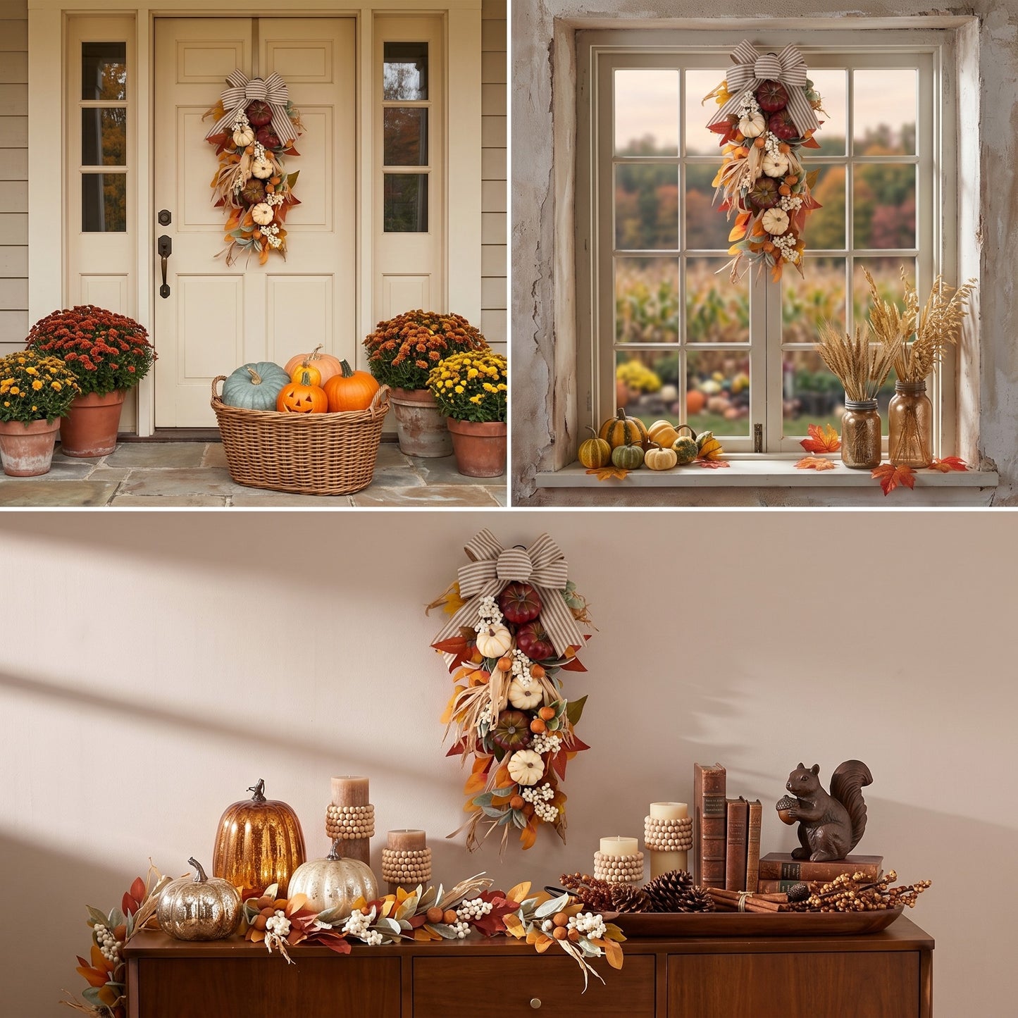 Valery Madelyn 24 inch Fall Pumpkin Teardrop Swag Autumn Harvest Door Hanger with Striped Bow, Mini Pumpkins, Eucalyptus, Raffia & Berry Sprays for Front Door, Mantel Thanksgiving Table Centerpiece