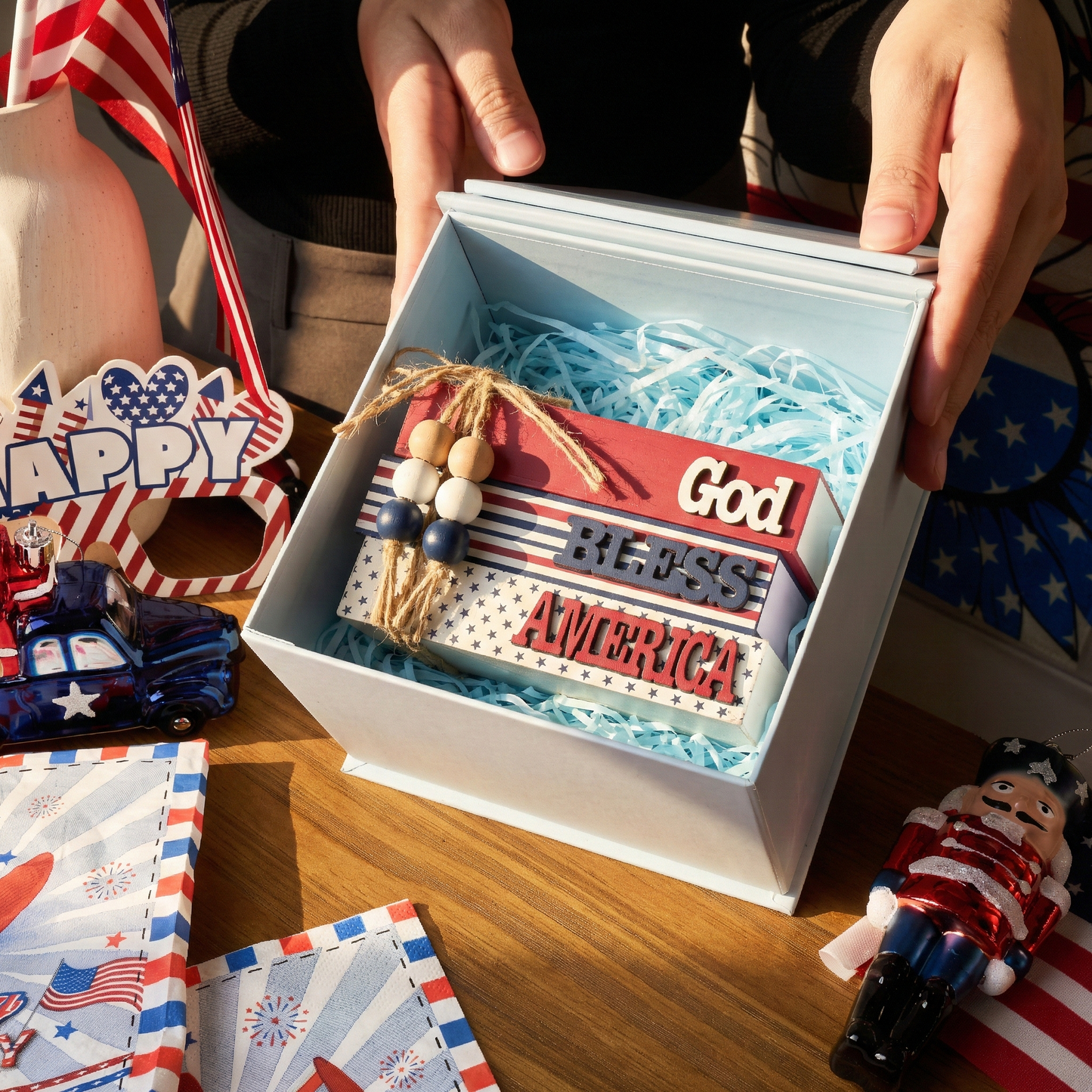 Valery Madelyn Memorial Day Decorations, 4th of July Table Decorations, Patriotic Wooden Book Decor for Home Office, Red White and Blue Book Stack for Table Tiered Tray Shelf, 7 inch