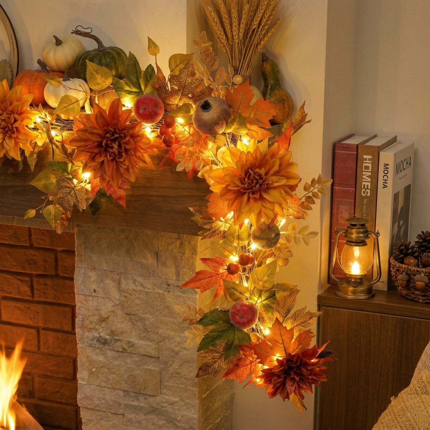 Valery Madelyn 6 Feet Artificial Pomegranate Fruits Garlands for Mantle,Fake Silk Dahlia Rose Autumn Garland with LED Lights for Fall Decor,Harvest Decorations for Home Fireplace Thanksgiving Decor
