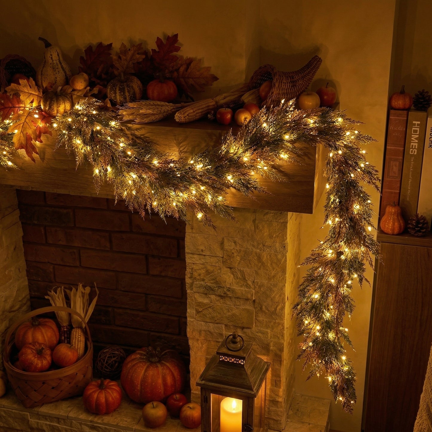 Valery Madelyn 9 Ft Artificial Norfolk Pine Garland for Mantle, Real Tough Fall Cedar Garland with Light, Lighted Autumn Pine Branches for Home Stairs Fireplace Table Indoor Outdoor Holiday Decor