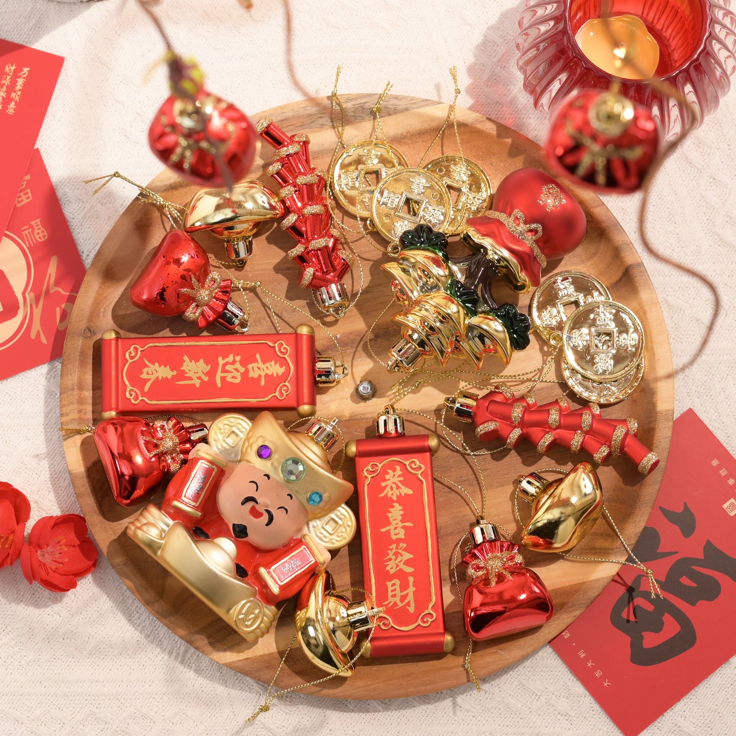 Valery Madelyn Chinese New Year Decorations Hanging Ornaments for Small Tree, 24ct Shatterproof Lion Dance Fu Character Gold Ingot Red Chinese Knots Copper Coin Lunar New Year Balls Bulk