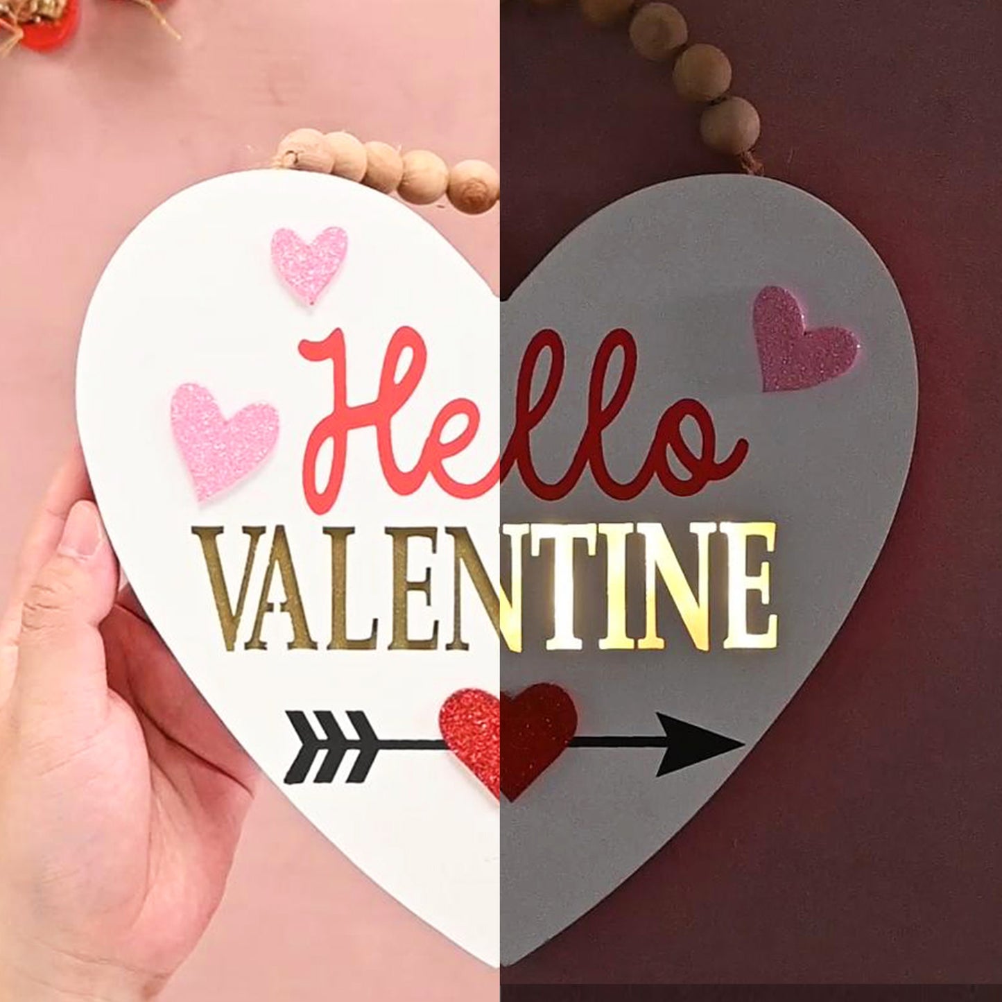 Valery Madelyn Valentines Day Decorations, Wooden Heart Decor with LED Light, Valentine Wreath for Front Door, Romantic Heart Decorations for Home Proposal Wedding Anniversary, 11 inch