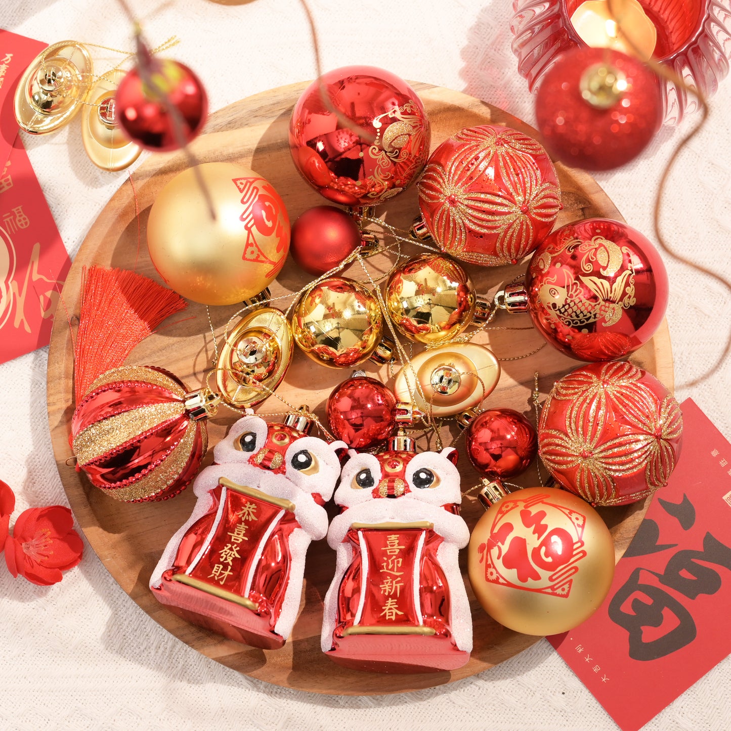 Valery Madelyn Chinese New Year Decorations Hanging Ornaments for Small Tree, 50ct Shatterproof Lion Dance Fu Character Gold Ingot Red Chinese Knots Copper Coin Lunar New Year Balls Bulk