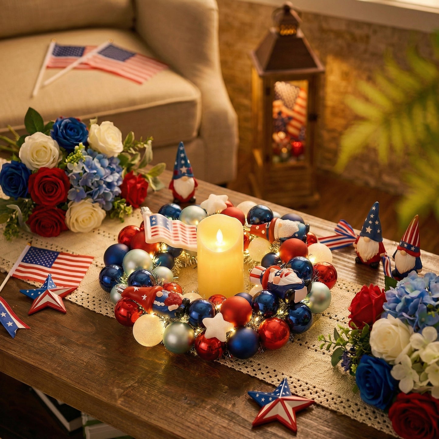 Valery Madelyn 4th of July Ball Wreaths for Front Door,Red White Blue Patriotic Wreath with Lights, American Decorations for Memorial Day,13'