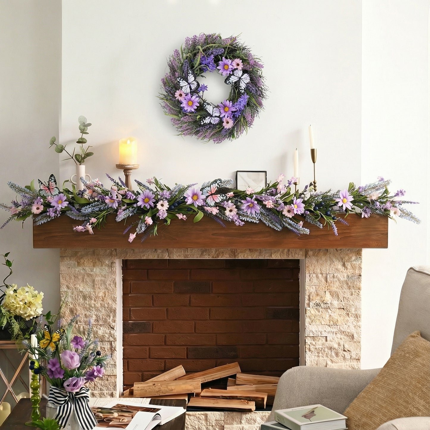 Valery Madelyn Summer Lavender Wreaths for Front Door with Lights, Artificial Spring Floral Wreath with Purple Bellflower Berries Butterfly for Fall Home Porch Window Party Wedding Wall Decor-18''