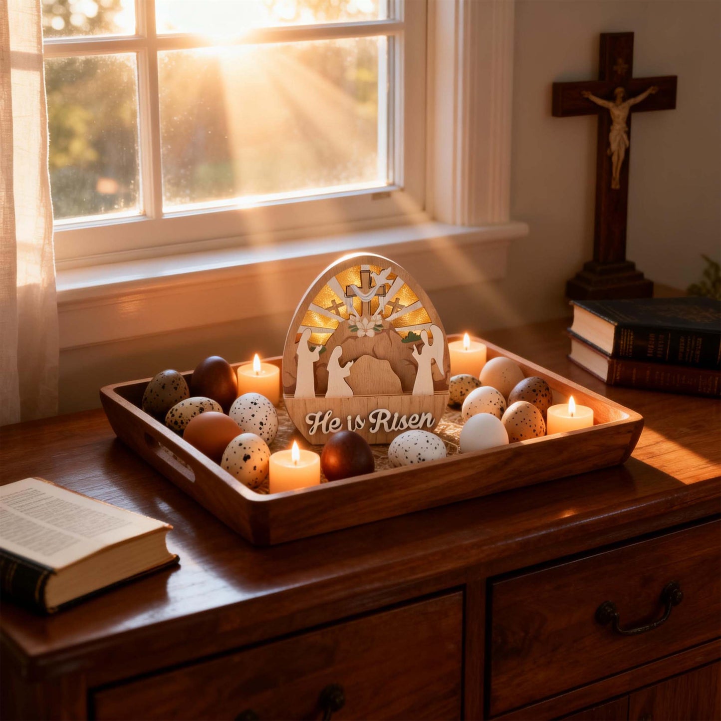 Valery Madelyn Easter Decorations, Empty Tomb Scene and Cross Decoration with LED Light, Wooden Christian Easter Decor Resurrection Scene for Home Livingroom Bedroom Office Table Shelf, 6.3 inch