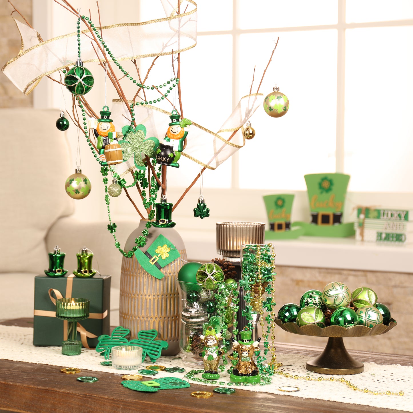Valery Madelyn St Patricks Day Decorations Shamrock Tree Ornament Set, 35pcs Hanging Ball Ornament Irish Festival Decor, Good Luck Clover Green Gold Chirstmas Tree Decorations