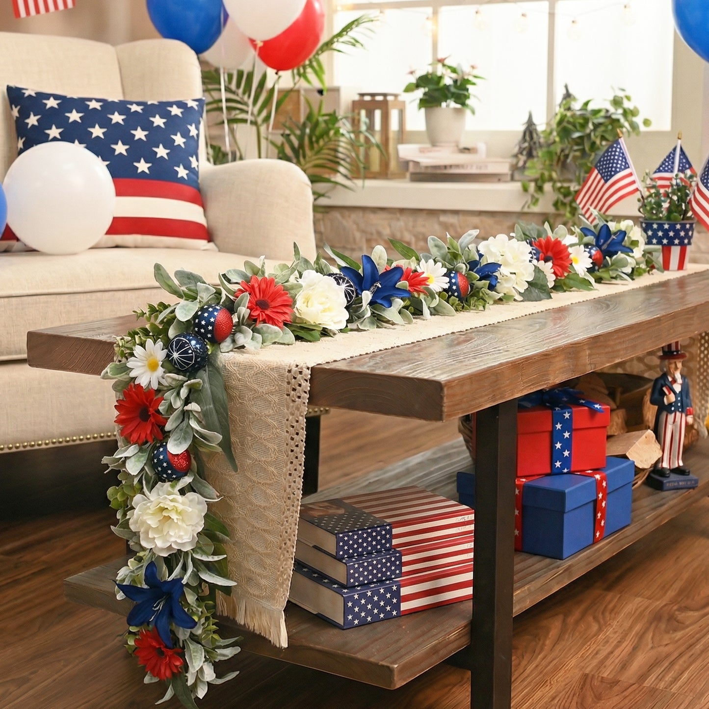 Valery Madelyn 6FT Patriotic Garland with Lights for Mantle, Red White Blue Garland with Ball Ornaments Butterfly for 4th of July Independence Day Decor