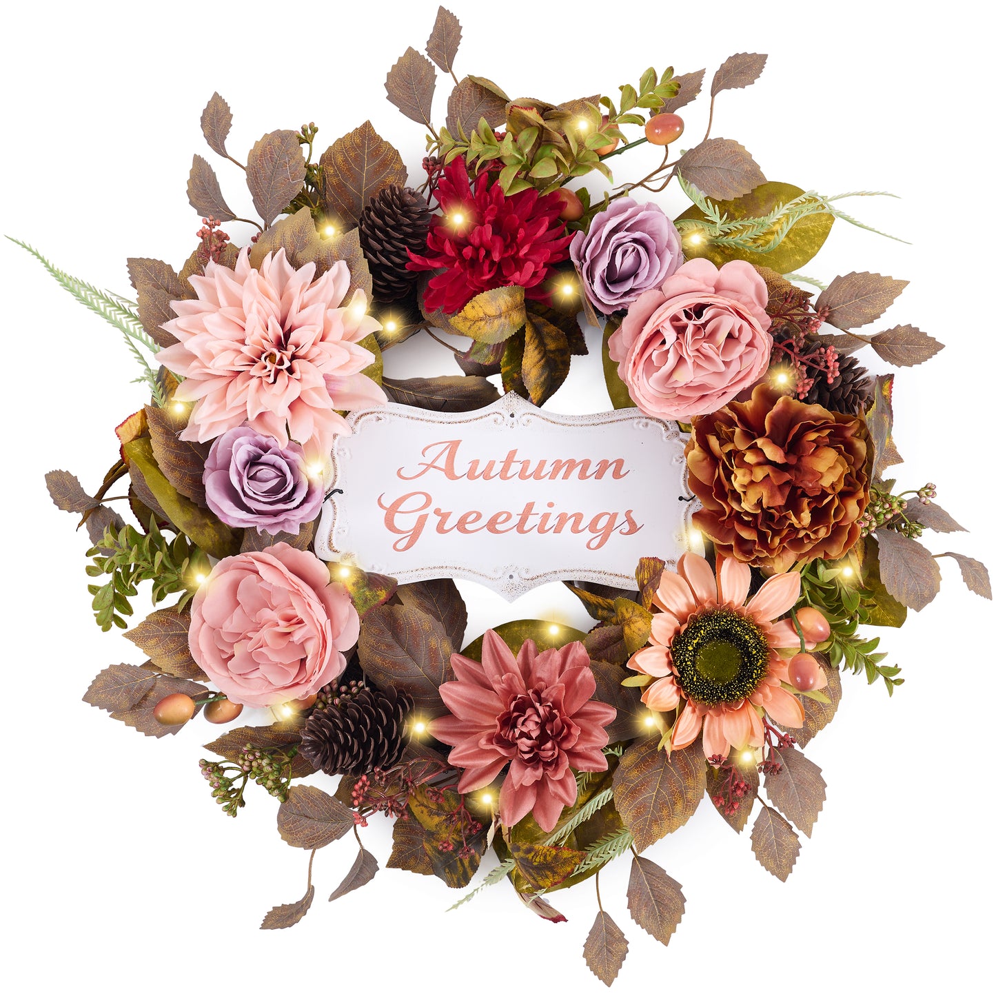 Valery Madelyn 24" Collapsible Fall Wreaths for Front Door with Decorative Plaque,Artificial Dahlia Rose Sunflower Wreath with LED Lights for Autumn Deocr,Harvest Decorations for Home Thanksgiving