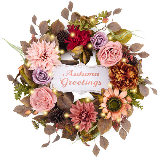 Valery Madelyn 24" Collapsible Fall Wreaths for Front Door with Decorative Plaque,Artificial Dahlia Rose Sunflower Wreath with LED Lights for Autumn Deocr,Harvest Decorations for Home Thanksgiving
