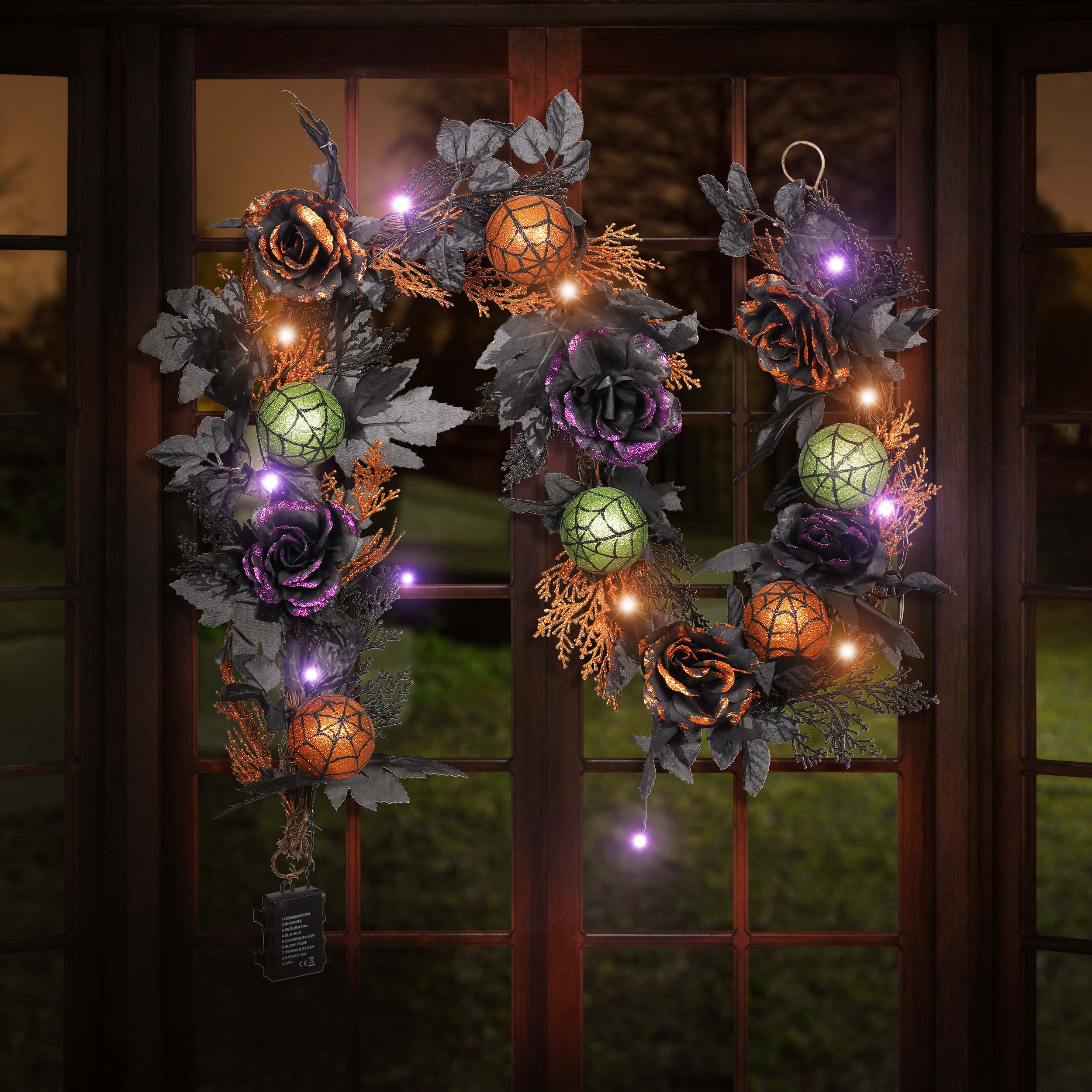 Valery Madelyn 6ft Pre-Lit Halloween Garland, Orange Purple Rose & Black Maple Leaves with Green Balls for Mantle Table Decor