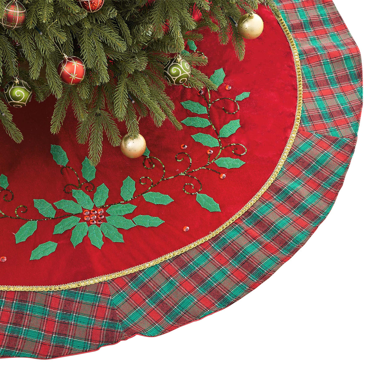 Valery Madelyn 60" Red Green Gold Christmas Tree Skirt for Tree Decorations Large Xmas Velvet Tree Skirt with Holly Leaves Pattern & Tartan Trim for 6.5-8ft Tree Merry Christmas Party Decor