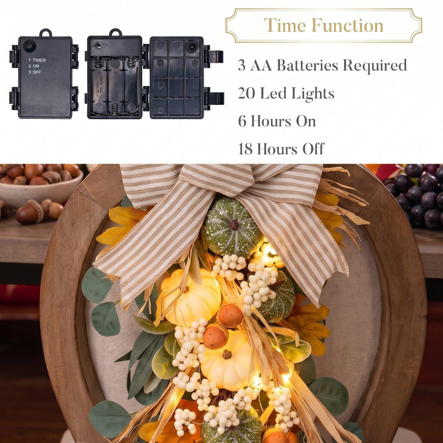 Valery Madelyn 24 inch Fall Pumpkin Teardrop Swag Autumn Harvest Door Hanger with Green & White Mini Pumpkins, Eucalyptus, Raffia, Berries and Striped Bow for Front Door Thanksgiving Table Centerpiece