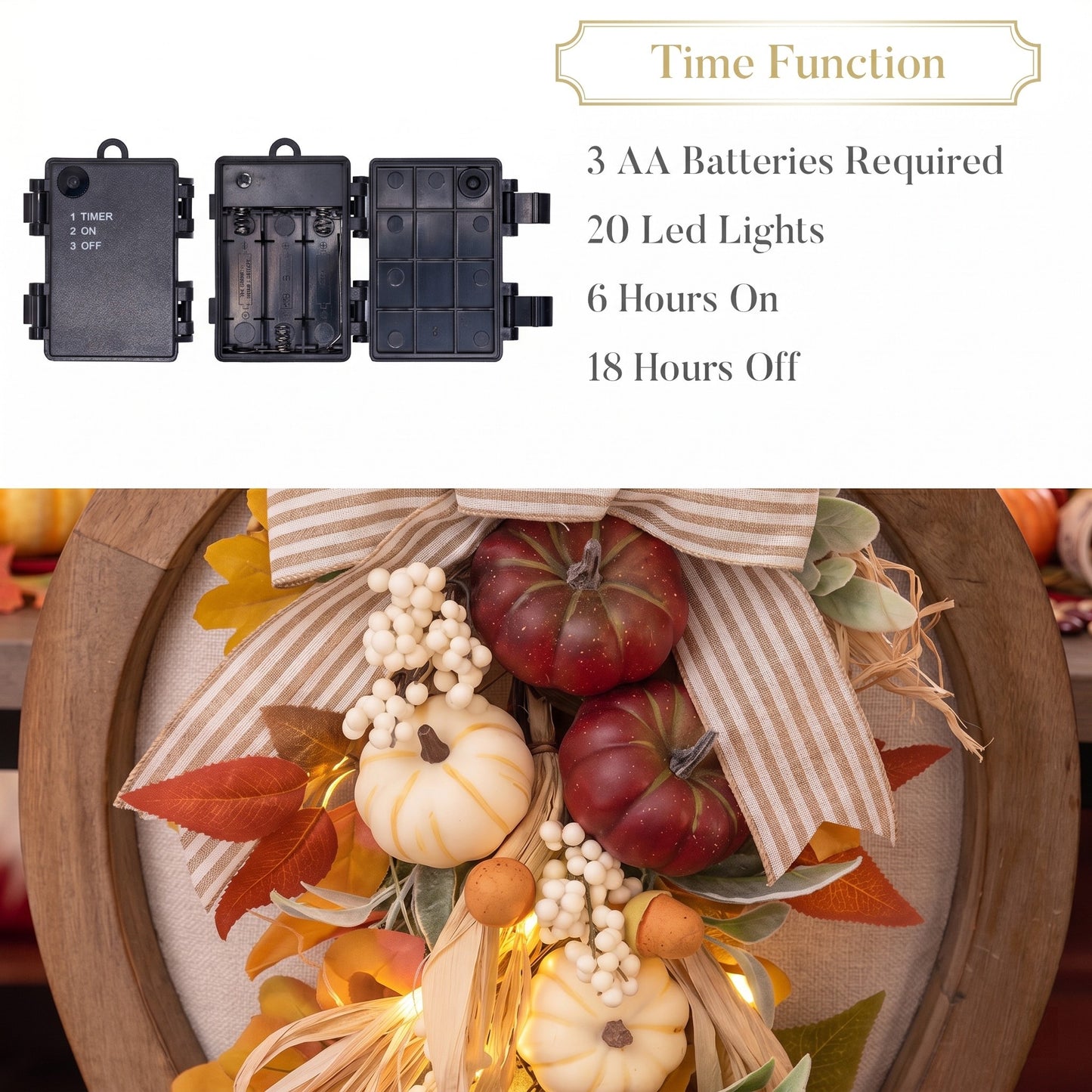 Valery Madelyn 24 inch Fall Pumpkin Teardrop Swag Autumn Harvest Door Hanger with Striped Bow, Mini Pumpkins, Eucalyptus, Raffia & Berry Sprays for Front Door, Mantel Thanksgiving Table Centerpiece