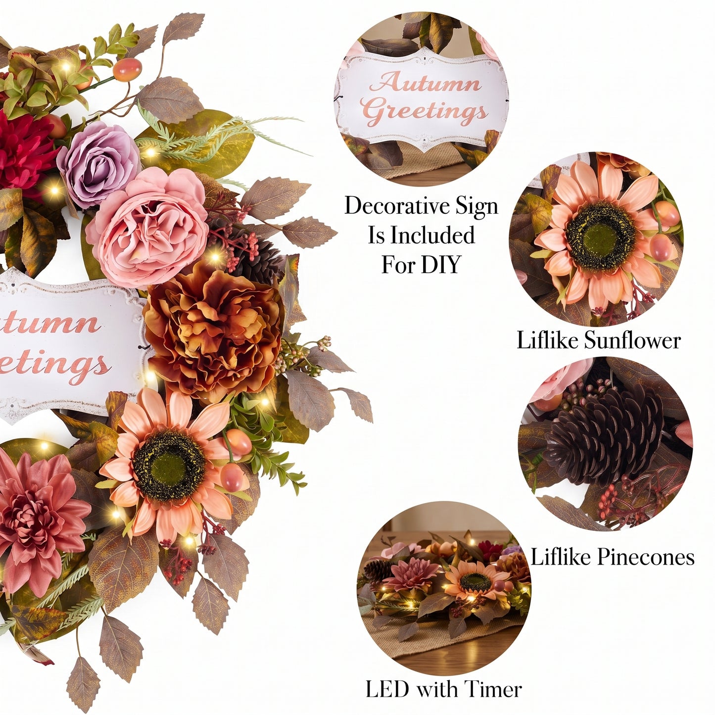 Valery Madelyn 24" Collapsible Fall Wreaths for Front Door with Decorative Plaque,Artificial Dahlia Rose Sunflower Wreath with LED Lights for Autumn Deocr,Harvest Decorations for Home Thanksgiving