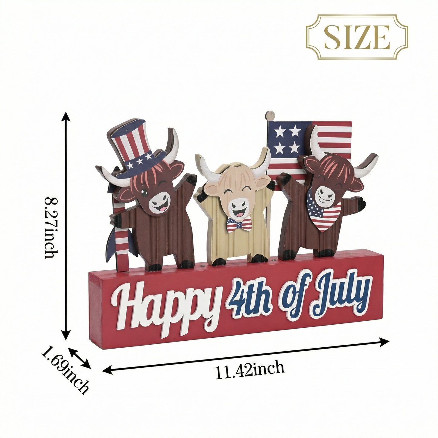 Valery Madelyn 4th of July Decorations with LED Light, Lighted Patriotic Highland Cow Decor, Wooden Americana Sign for Memorial Day Independence Day Labor Veteran Day Indoor, 8 inch