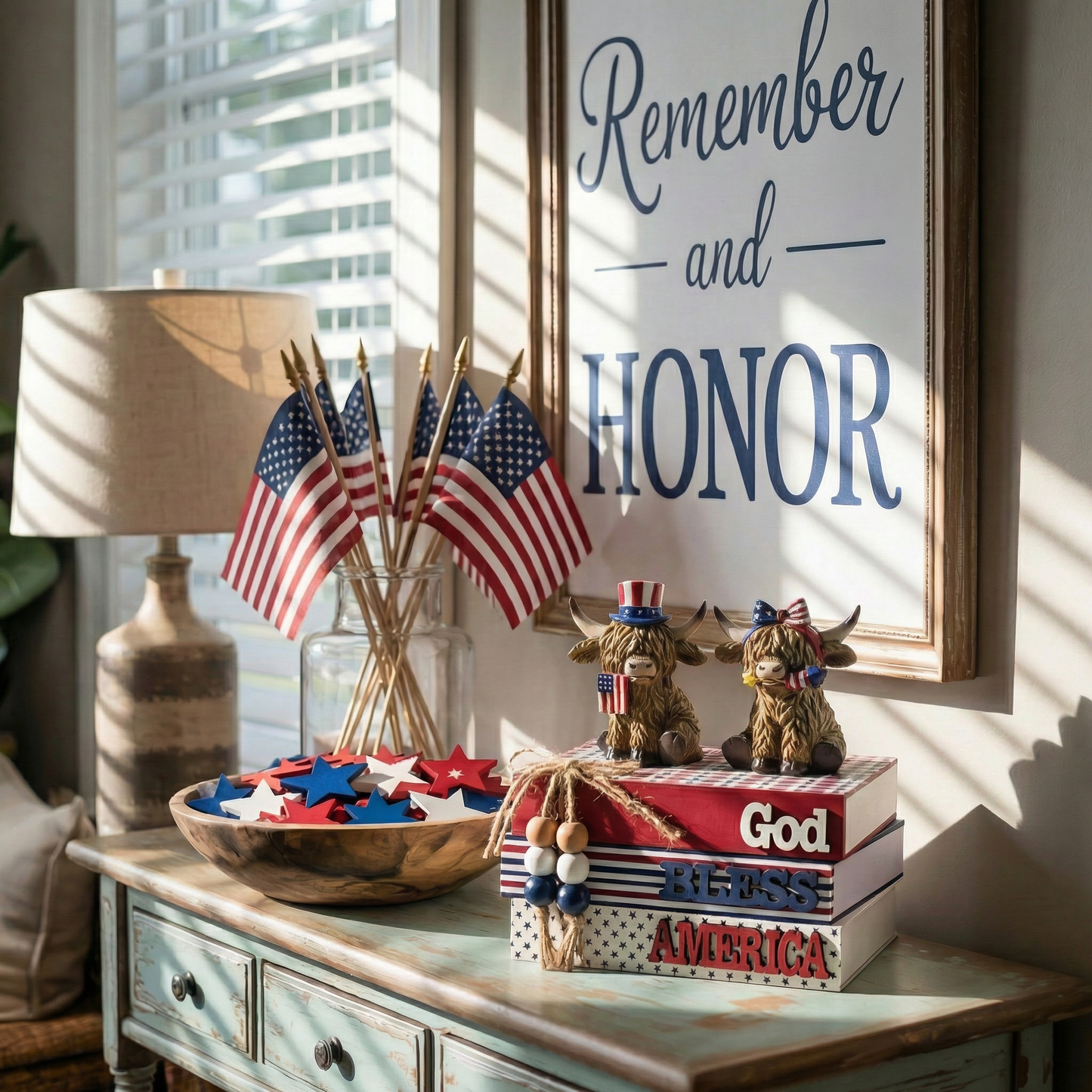 Valery Madelyn Memorial Day Decorations, 4th of July Table Decorations, Patriotic Wooden Book Decor for Home Office, Red White and Blue Book Stack for Table Tiered Tray Shelf, 5 inch