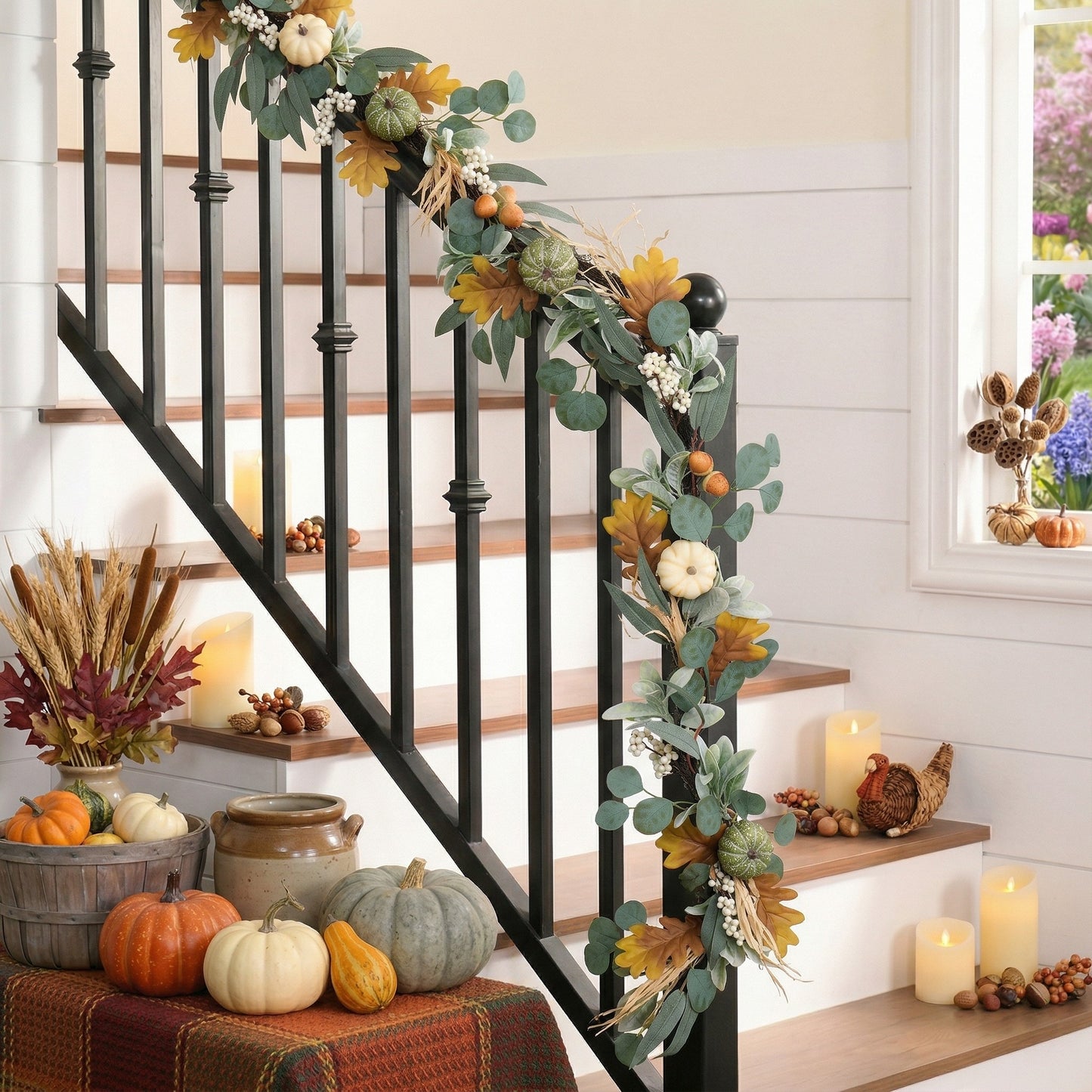 Valery Madelyn Fall Garland for Mantle, 9ft Lambs Ear Leaves Garland with Lights White Pumpkins Thanksgiving Table Centerpiece, Fall Autumn Decorations for Home Porch Fireplace Outdoor Halloween Decor