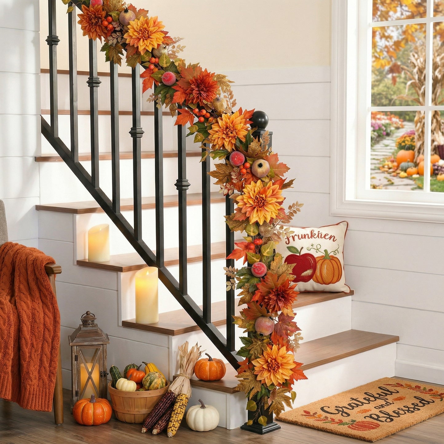 Valery Madelyn 6 Feet Artificial Pomegranate Fruits Garlands for Mantle,Fake Silk Dahlia Rose Autumn Garland with LED Lights for Fall Decor,Harvest Decorations for Home Fireplace Thanksgiving Decor