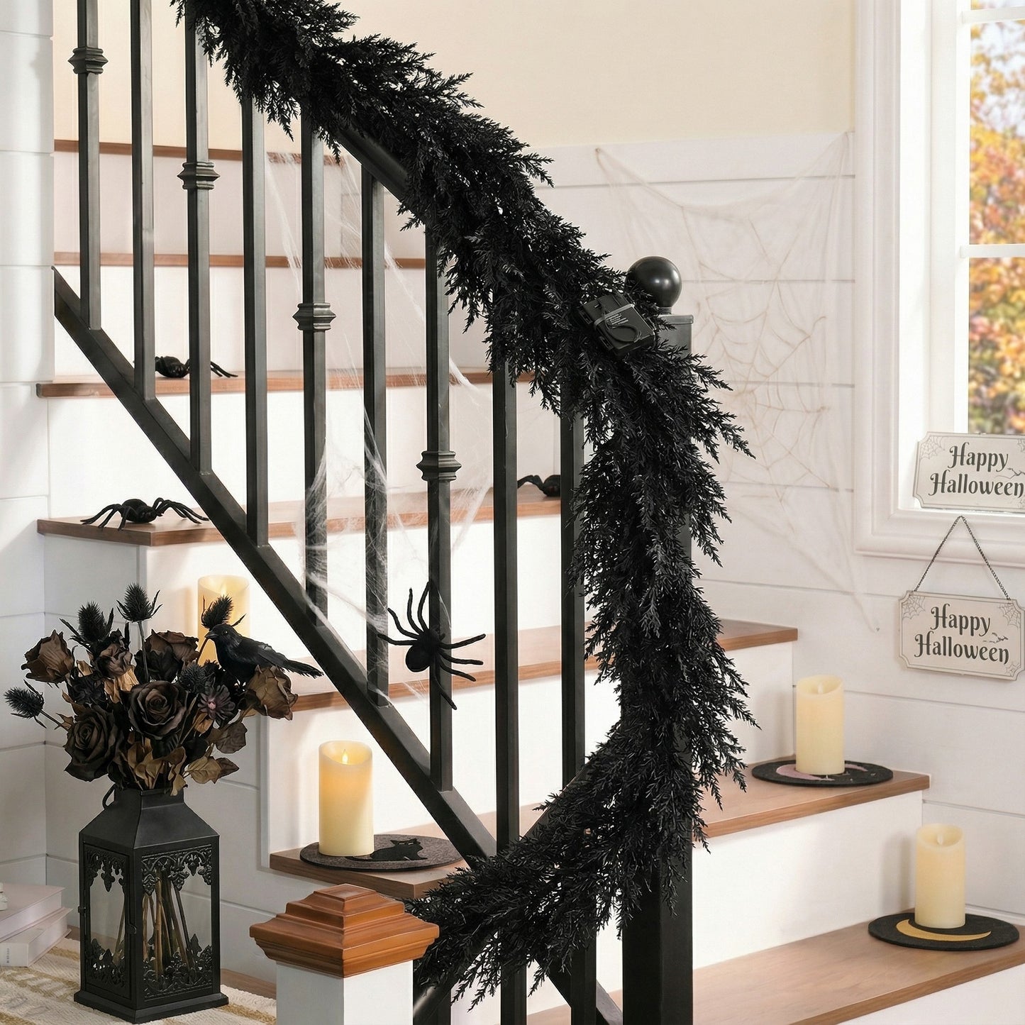 Valery Madelyn 9 Ft Artificial Norfolk Pine Garland for Mantle, Real Tough Halloween Garland with Light, Lighted Winter Pine Branches for Home Stairs Fireplace Table Indoor Outdoor Holiday Decor