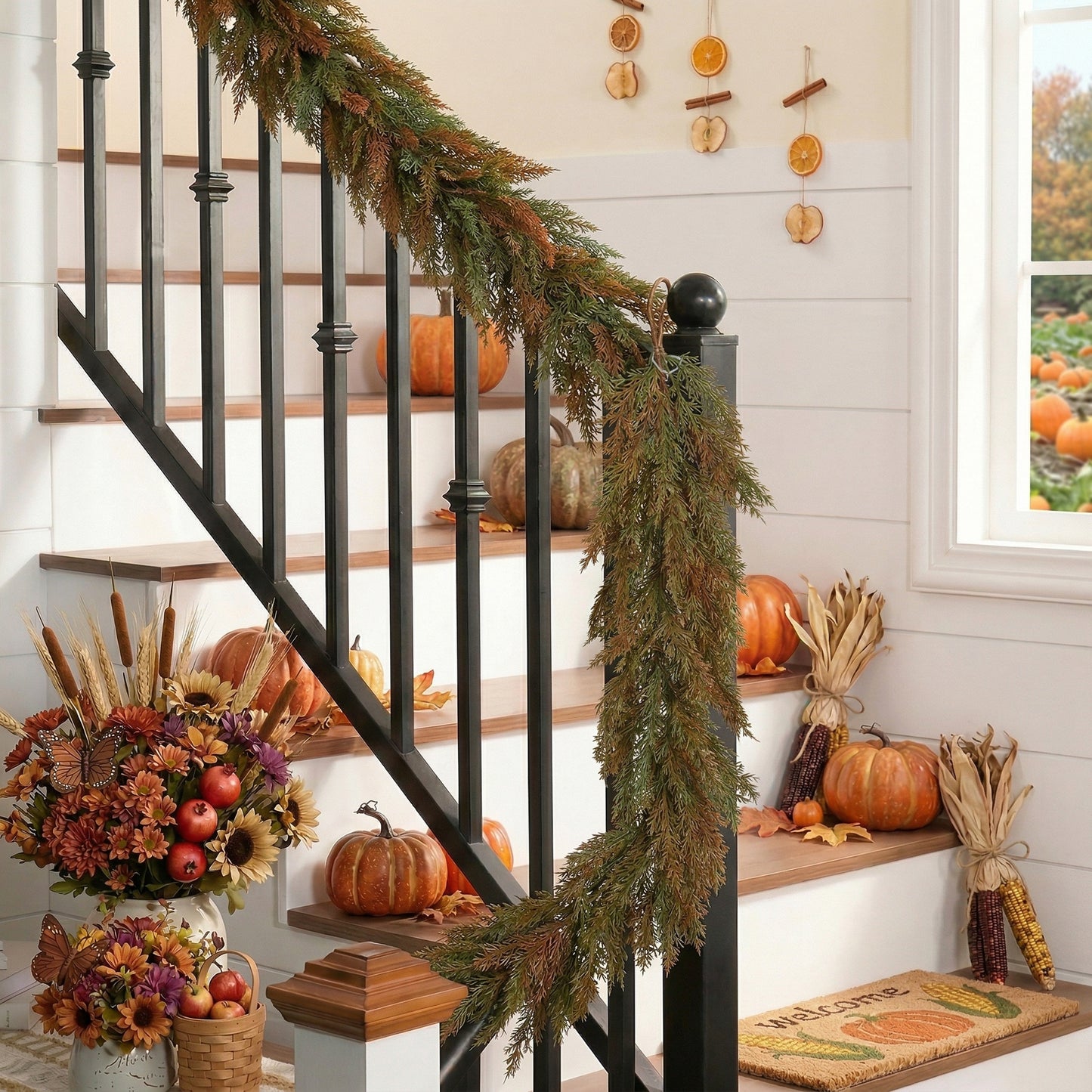 Valery Madelyn 9 Ft Artificial Norfolk Pine Garland for Mantle, Real Tough Fall Cedar Garland with Light, Lighted Autumn Pine Branches for Home Stairs Fireplace Table Indoor Outdoor Holiday Decor