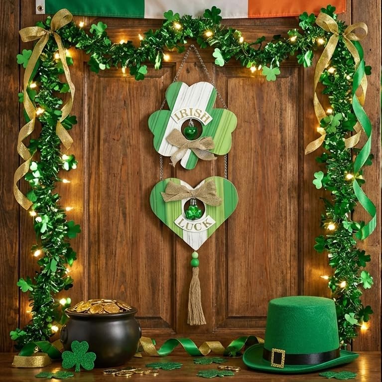 Valery Madelyn St Patrick's Day Decorations, Wooden Shamrock Decorations, St Patrick's Day Wall Decor Hanging Decor with Tassel and Beads, Spring Decoration for Home Office Party, 20 inch
