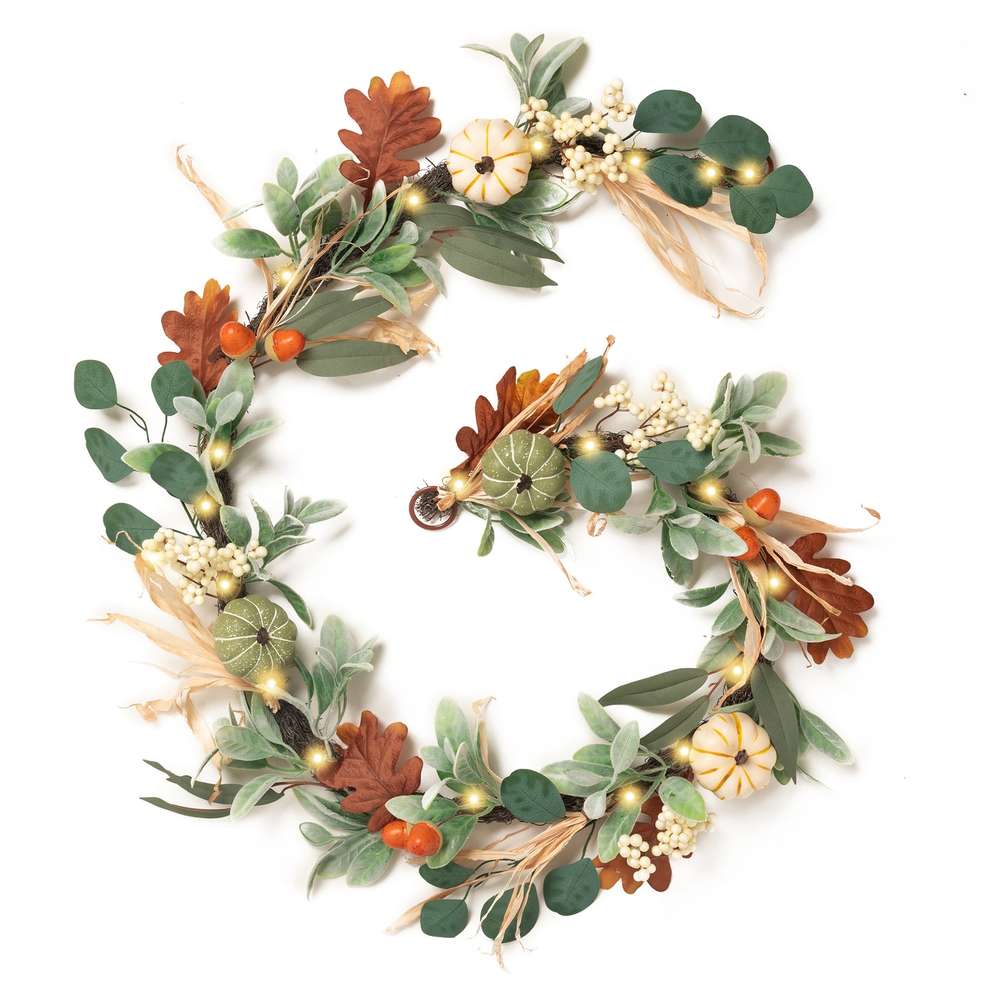Valery Madelyn Fall Garland for Mantle, 6ft Lambs Ear Leaves Garland with Lights White Pumpkins Thanksgiving Table Centerpiece, Fall Autumn Decorations for Home Porch Fireplace Outdoor Halloween Decor