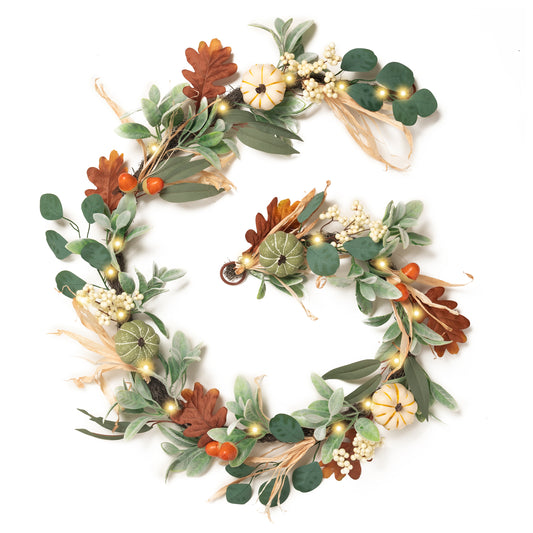 Valery Madelyn Fall Garland for Mantle, 6ft Lambs Ear Leaves Garland with Lights White Pumpkins Thanksgiving Table Centerpiece, Fall Autumn Decorations for Home Porch Fireplace Outdoor Halloween Decor