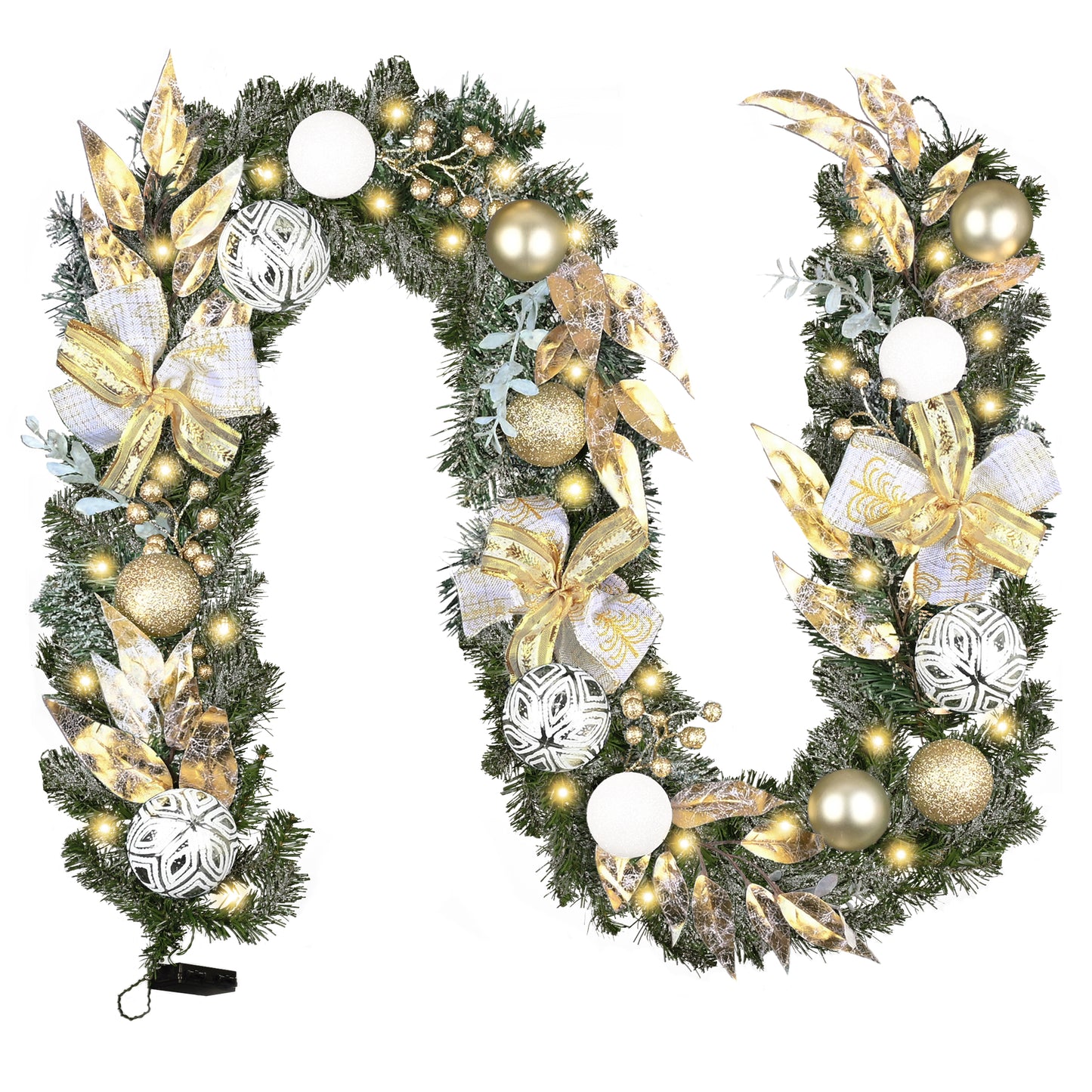 Valery Madelyn 9 Feet Pre-Lit Christmas Garland with Light for Mantle, Lighted Outdoor Xmas Garland with White Gold Ball Ribbon for Home Stairs Fireplace Table Centerpiece Indoor Holiday Party Decor