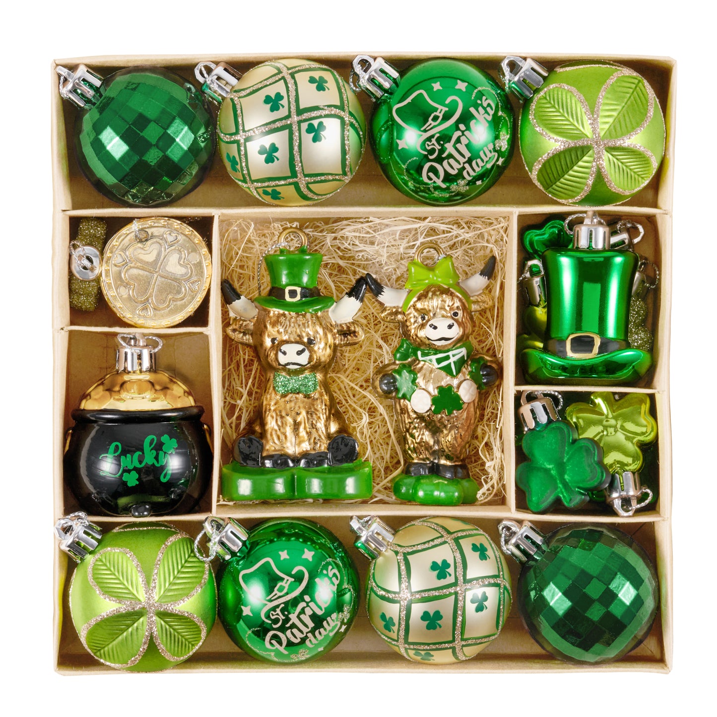 Valery Madelyn St Patricks Day Decorations Shamrock Tree Ornament Set, 30pcs Hanging Ball Ornament Irish Festival Decor, Good Luck Clover Green Gold Chirstmas Tree Decorations