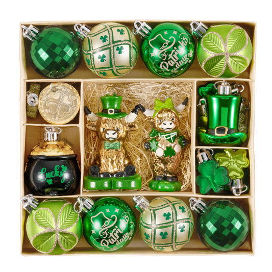 Valery Madelyn St Patricks Day Decorations Shamrock Tree Ornament Set, 30pcs Hanging Ball Ornament Irish Festival Decor, Good Luck Clover Green Gold Chirstmas Tree Decorations